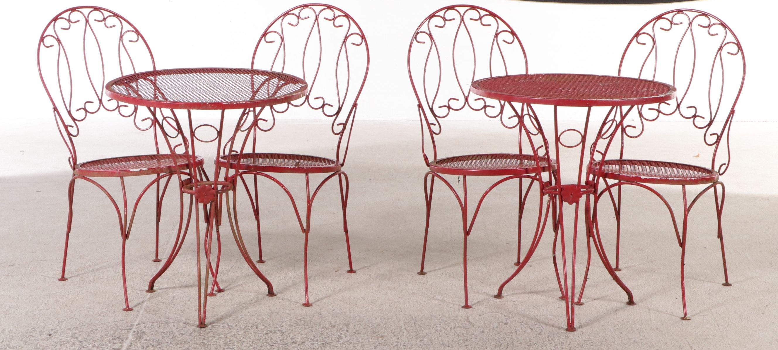 Two Red-Painted Wrought Iron Patio Bistro Dining Sets