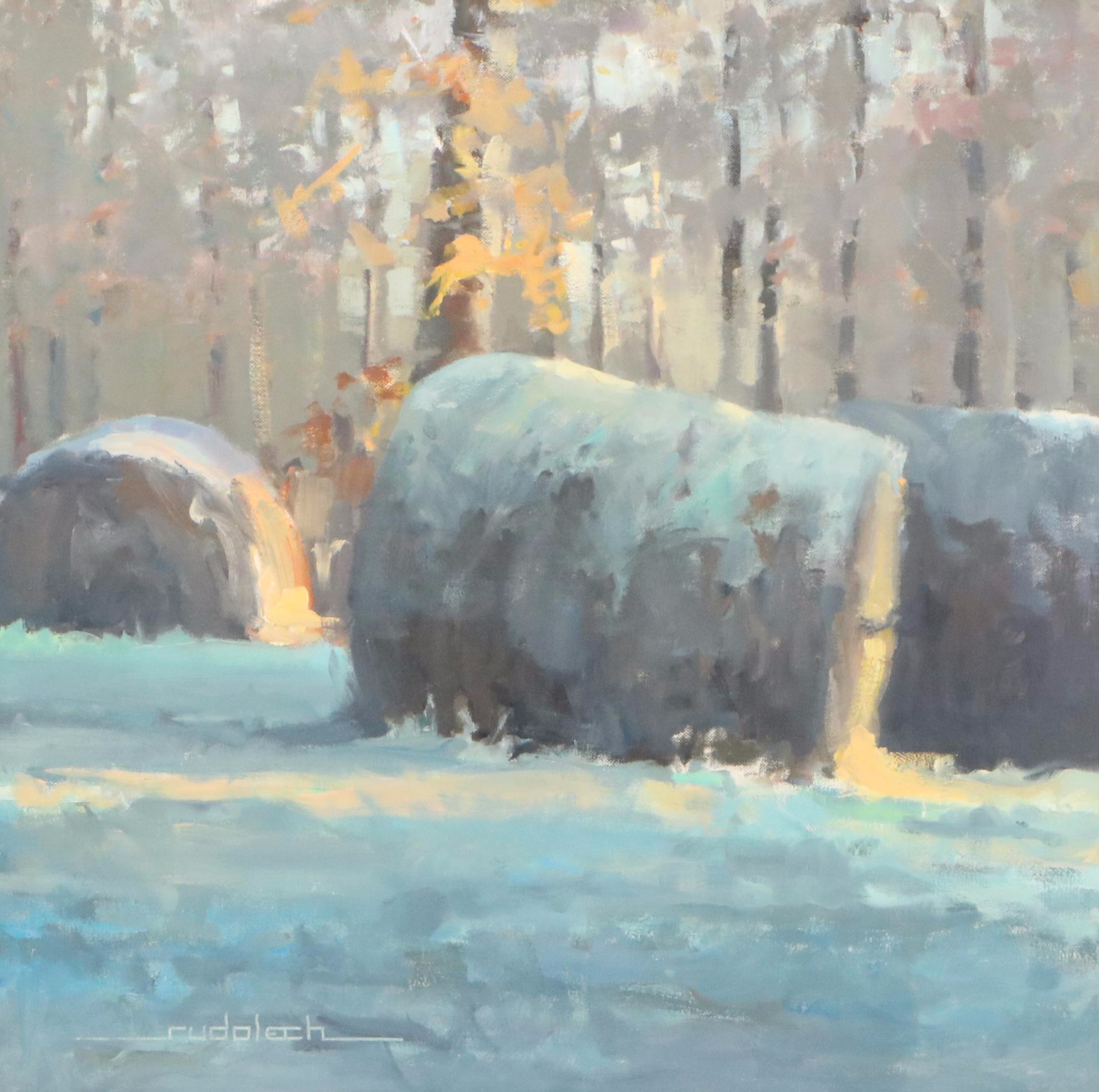 Lawrence Rudolech Landscape Oil Painting "Haybales at Dusk," 21st Century