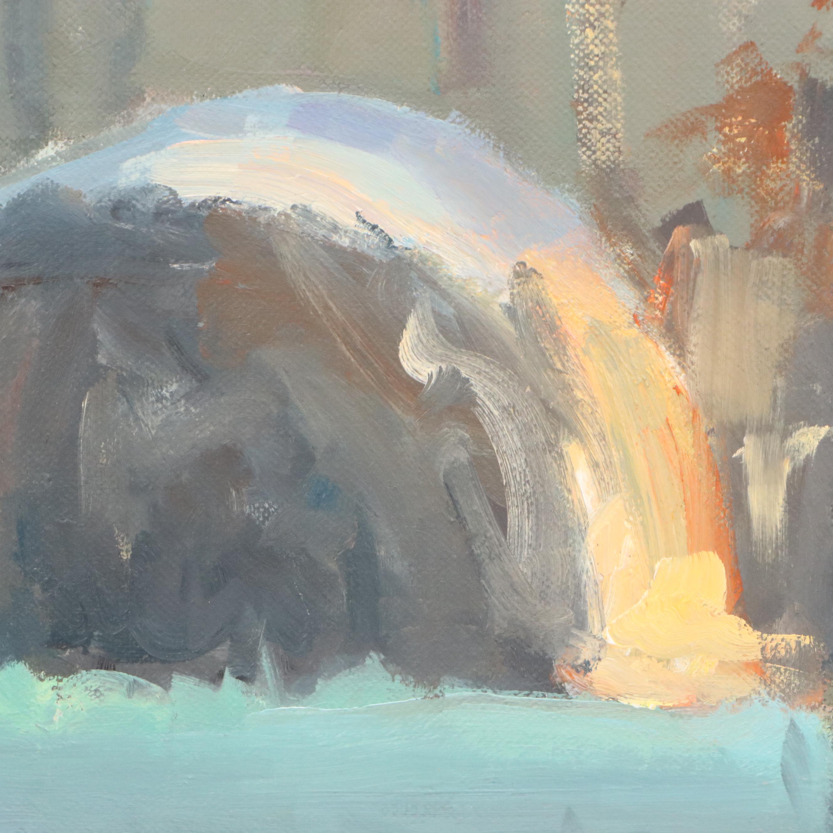 Lawrence Rudolech Landscape Oil Painting "Haybales at Dusk," 21st Century