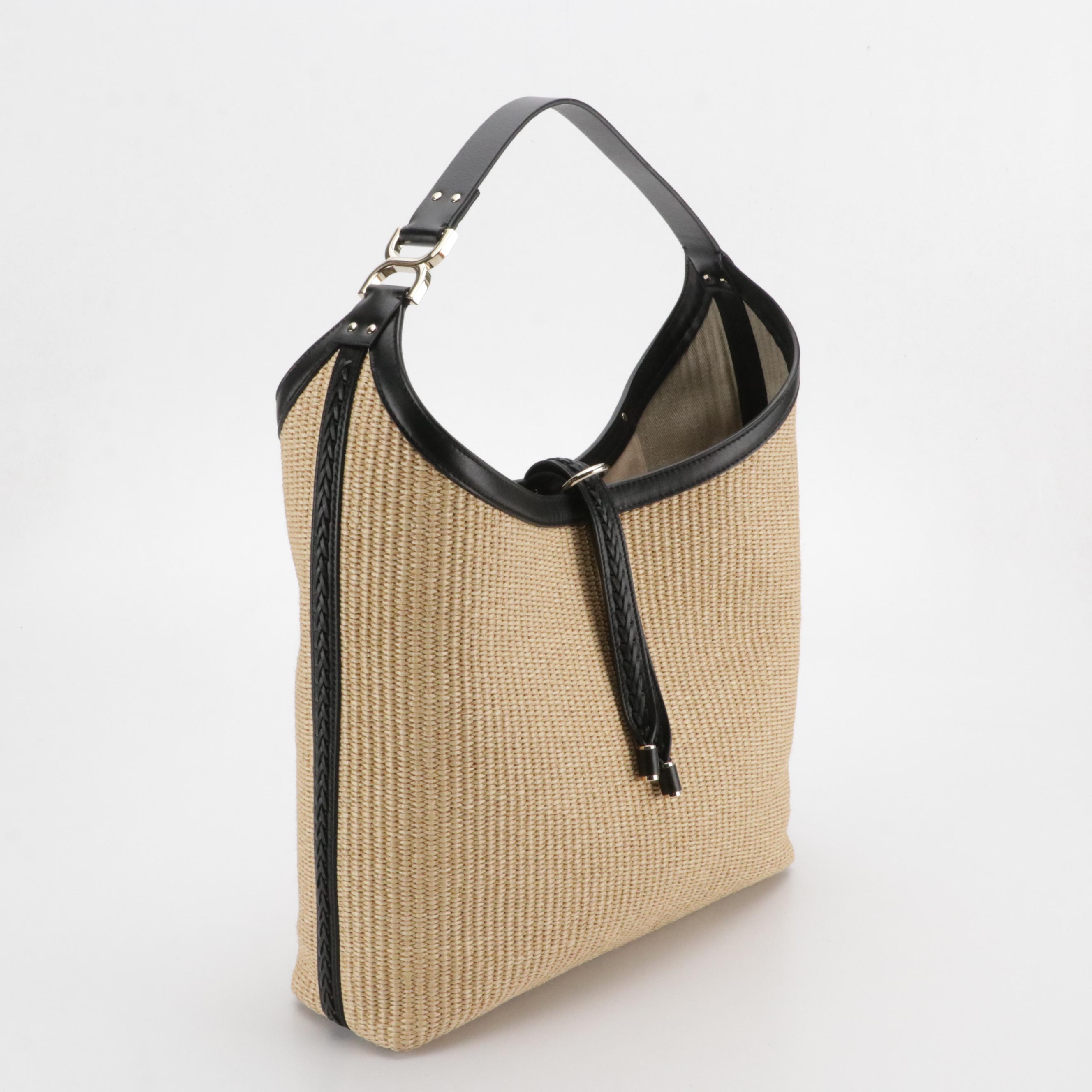Chloé Marcie Hobo Bag in Woven Raffia and Black Calfskin Leather Trim