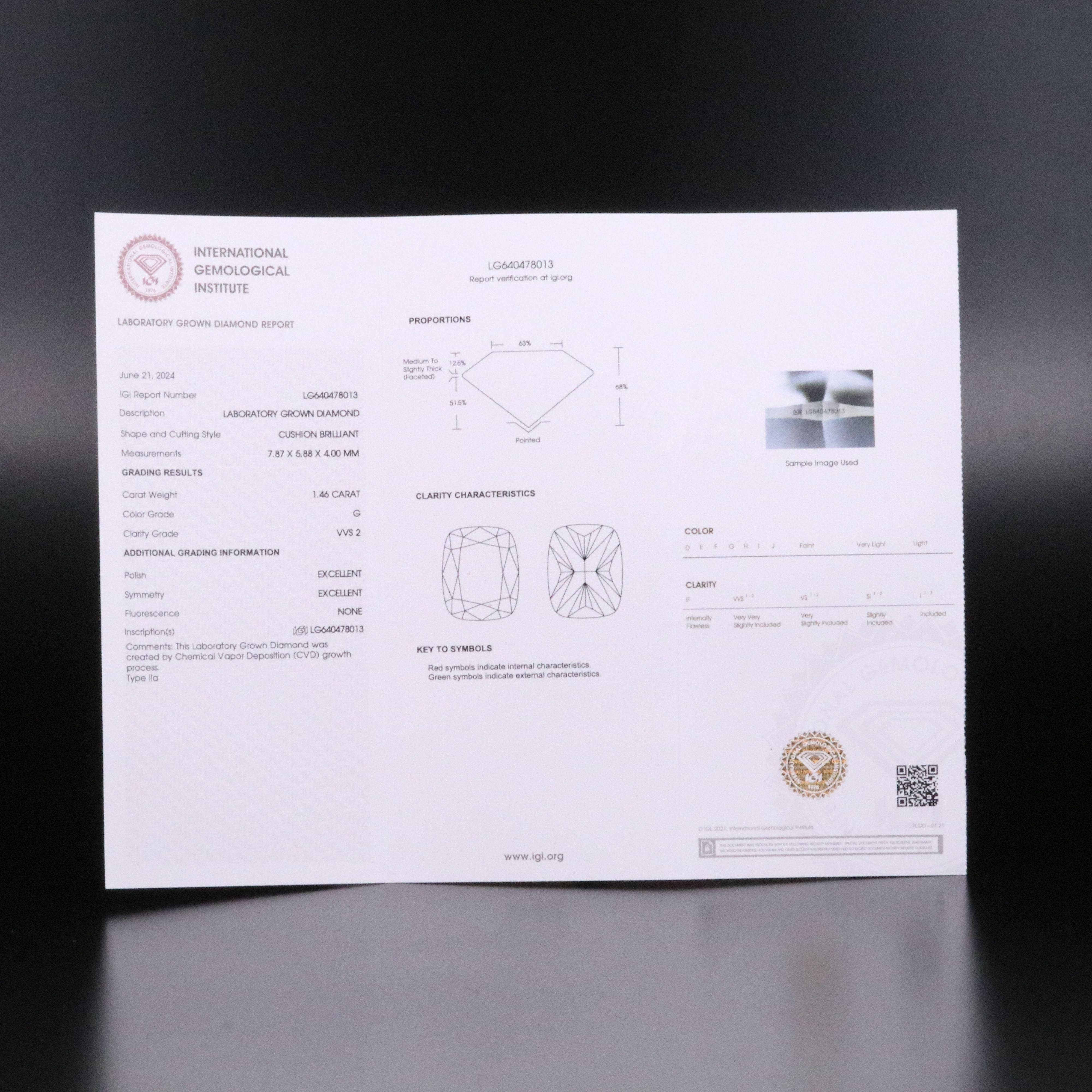 Loose 1.46 CT Lab Grown Diamond with IGI Report