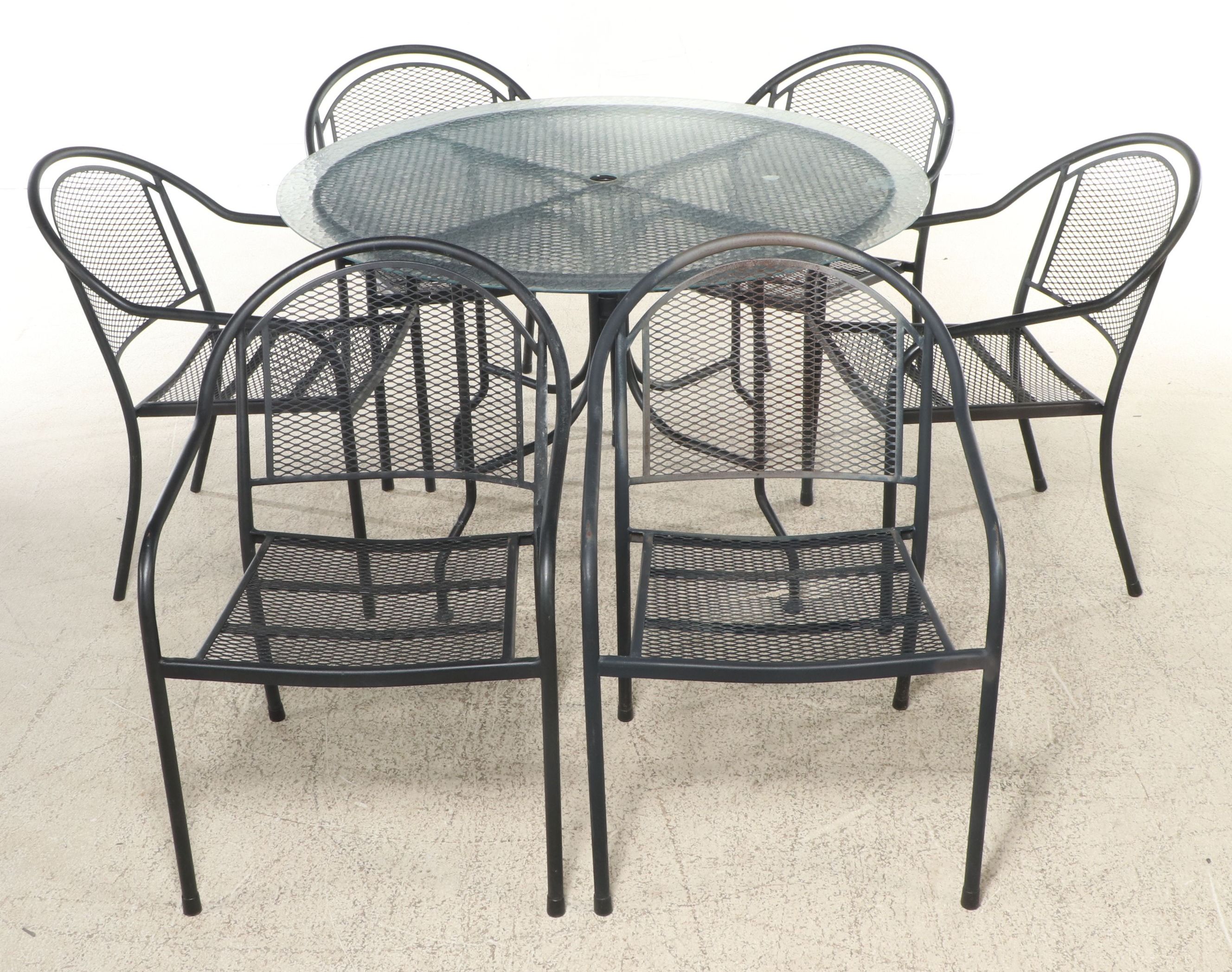 Russell Woodard Attr. Patio Dining Table with Six Barrel-Back Chairs