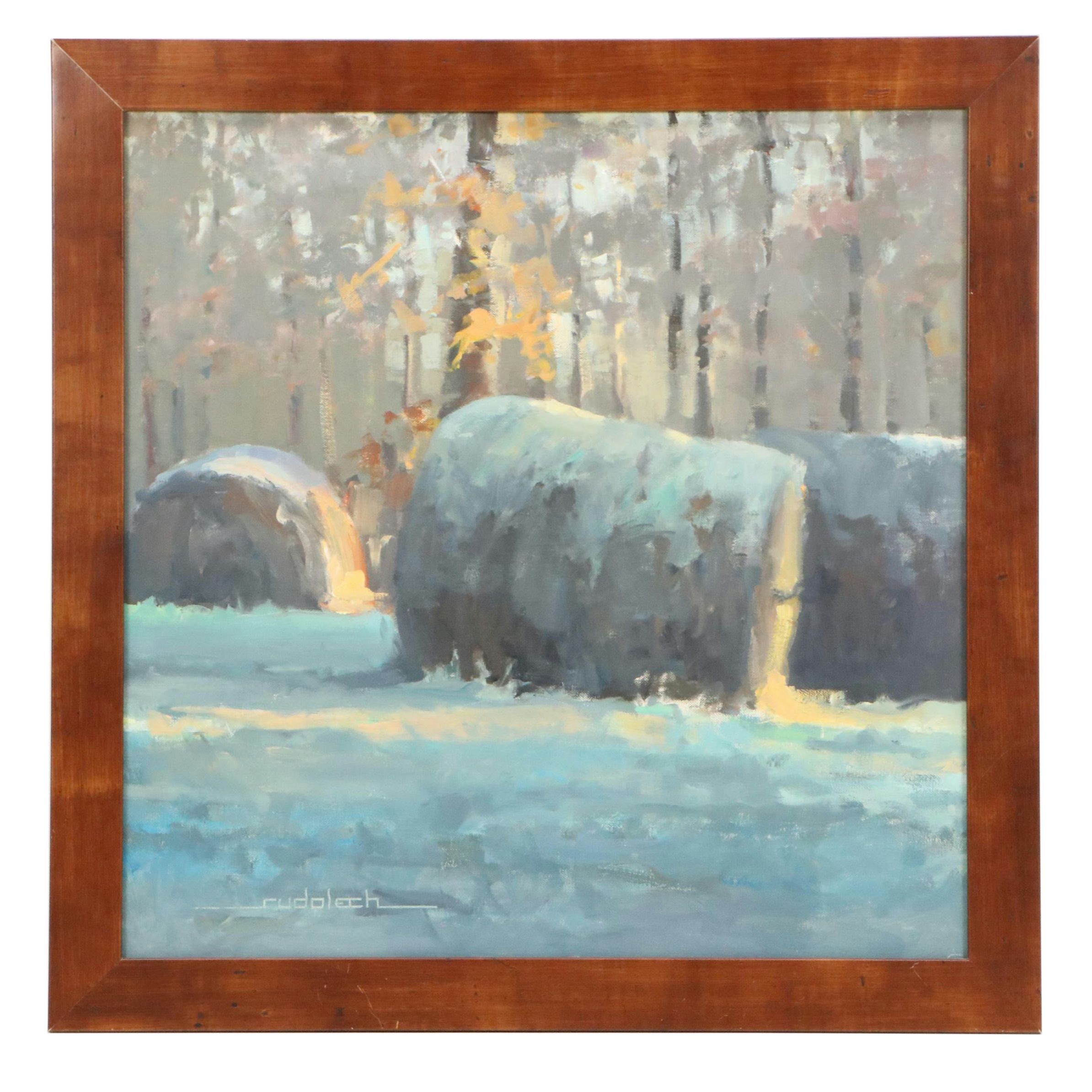 Lawrence Rudolech Landscape Oil Painting "Haybales at Dusk," 21st Century