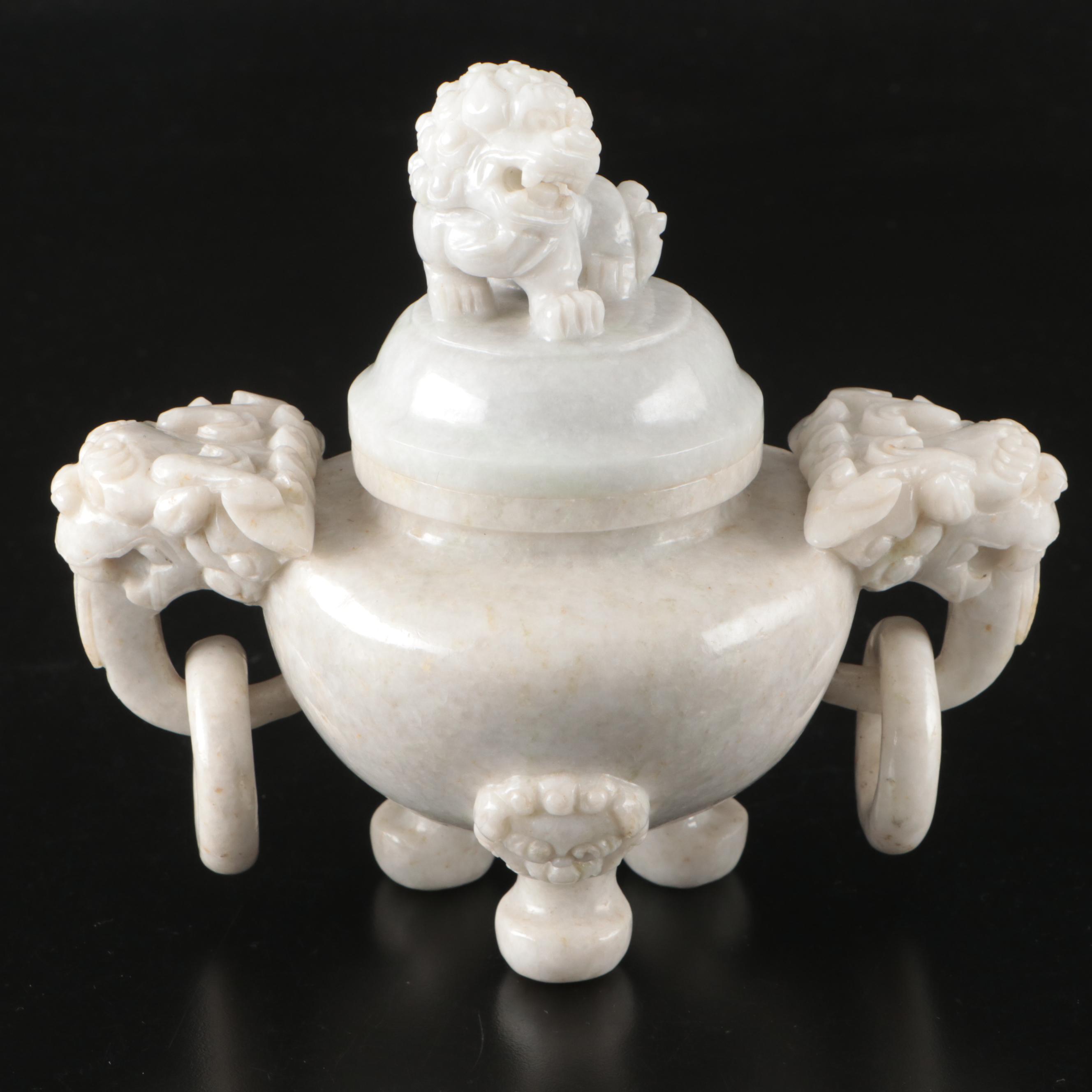 Chinese Carved Jadeite Elephant Drop-Handle Tripod Censer & Guardian Lion Finial