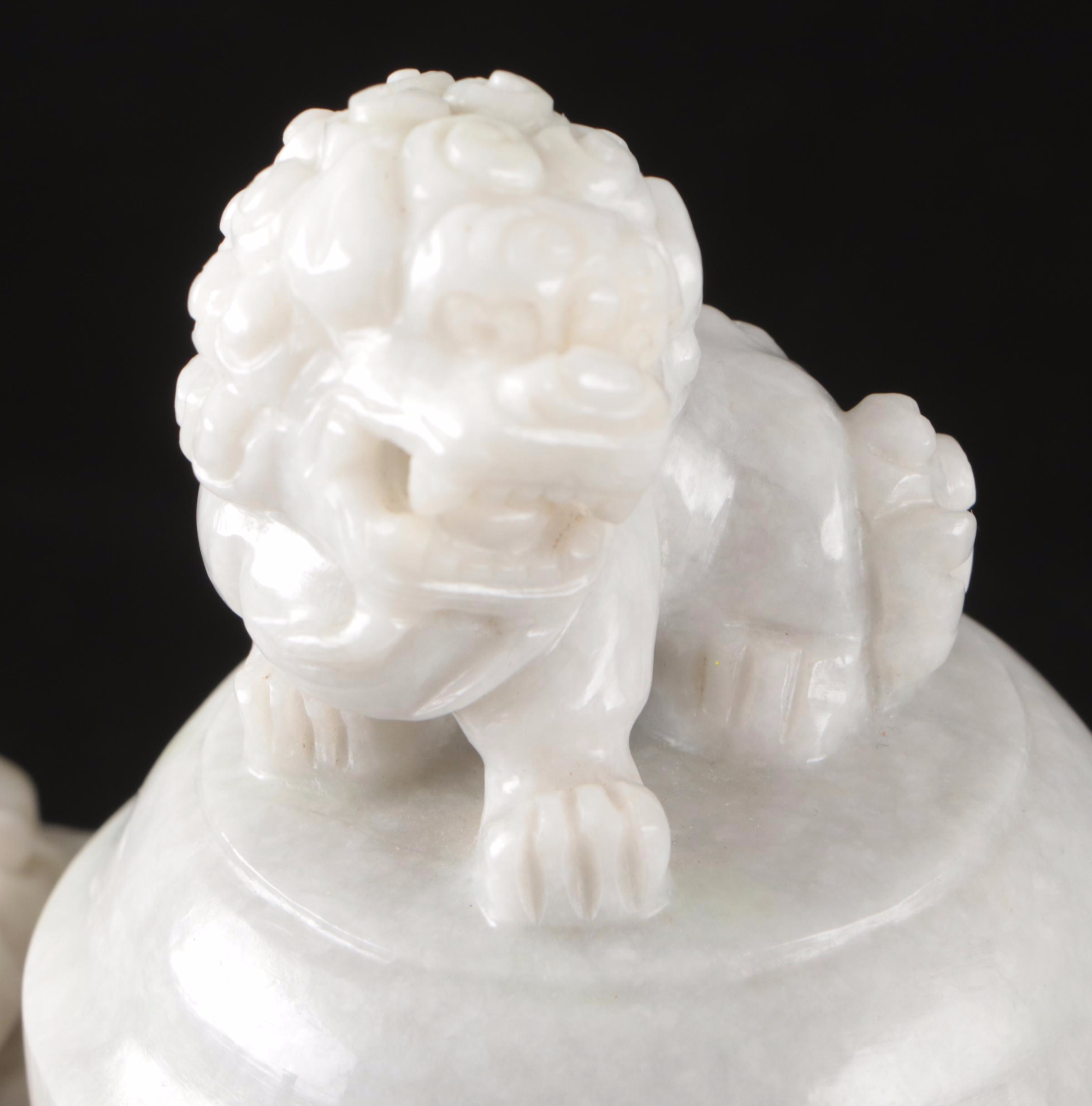 Chinese Carved Jadeite Elephant Drop-Handle Tripod Censer & Guardian Lion Finial