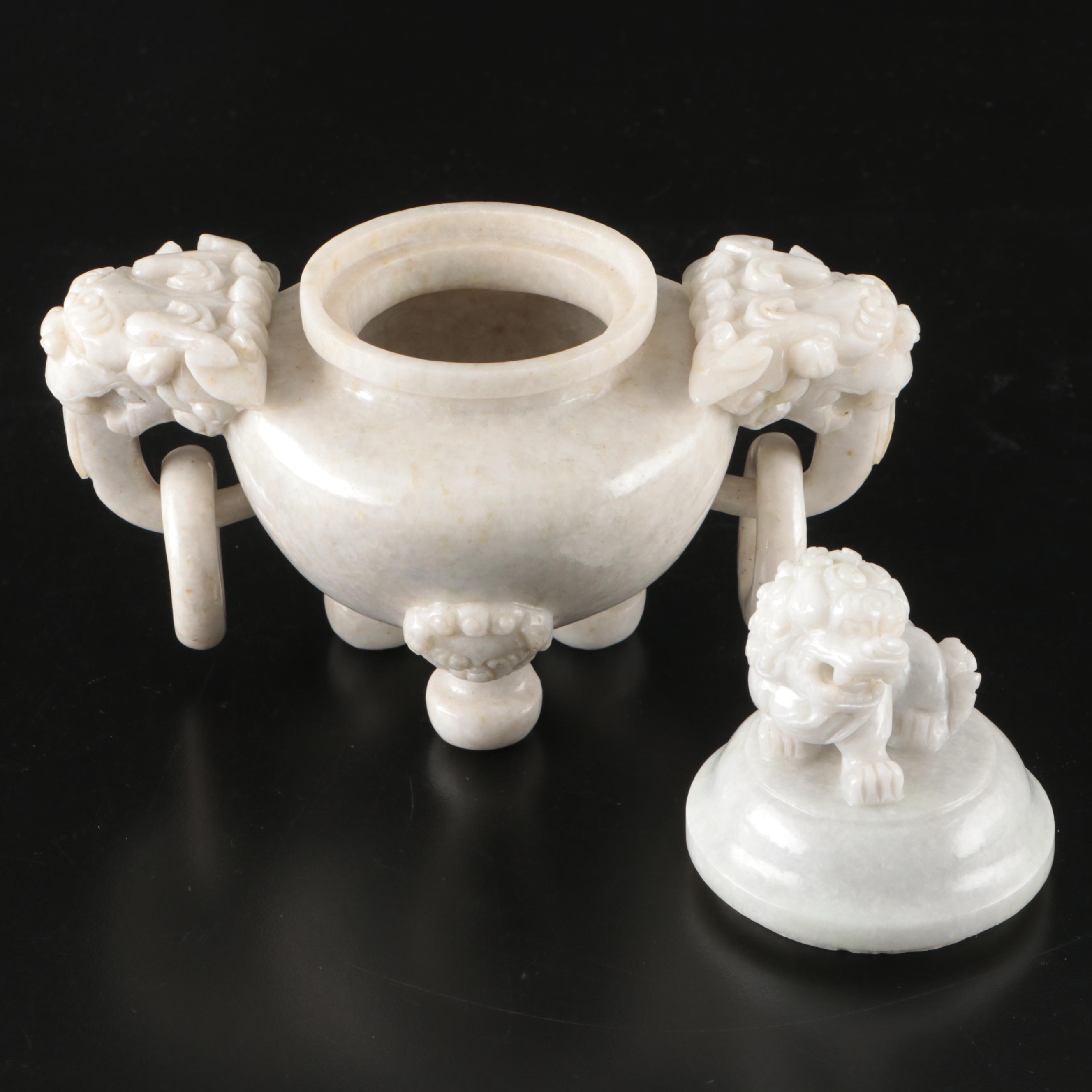 Chinese Carved Jadeite Elephant Drop-Handle Tripod Censer & Guardian Lion Finial