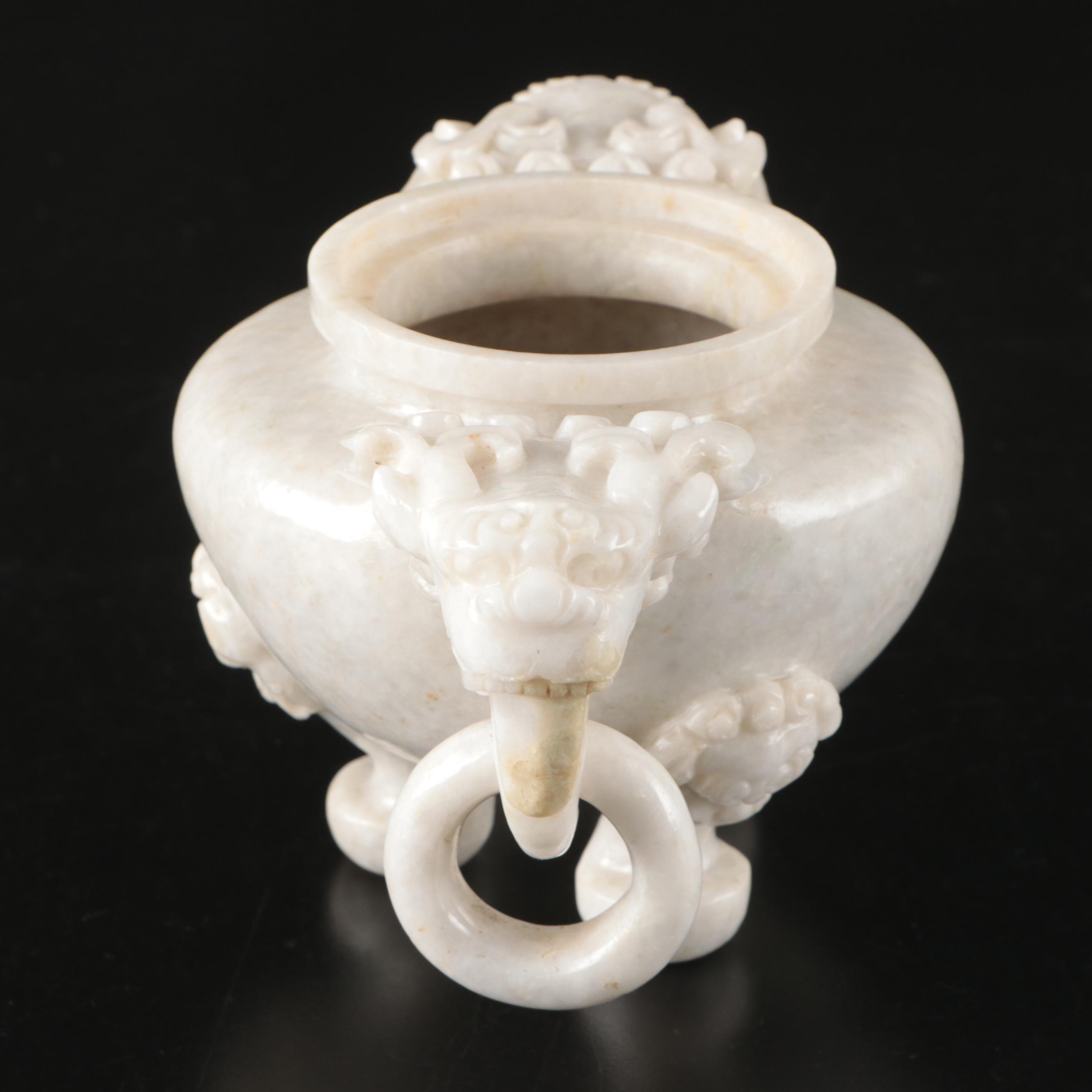 Chinese Carved Jadeite Elephant Drop-Handle Tripod Censer & Guardian Lion Finial