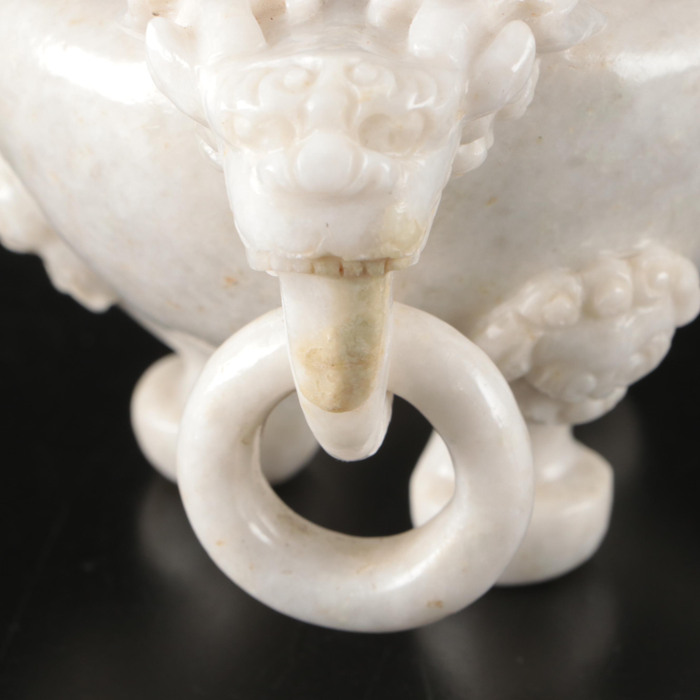 Chinese Carved Jadeite Elephant Drop-Handle Tripod Censer & Guardian Lion Finial