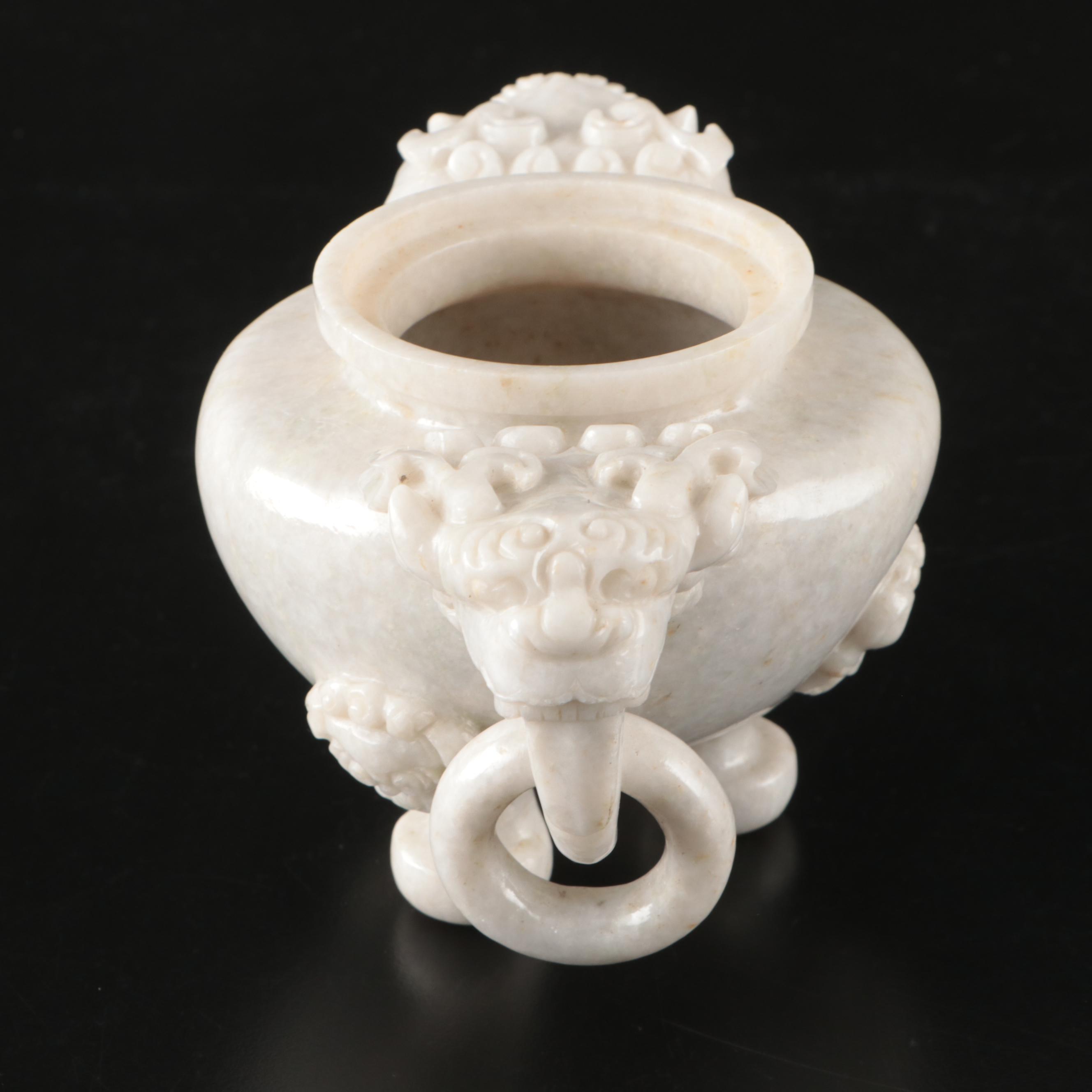 Chinese Carved Jadeite Elephant Drop-Handle Tripod Censer & Guardian Lion Finial