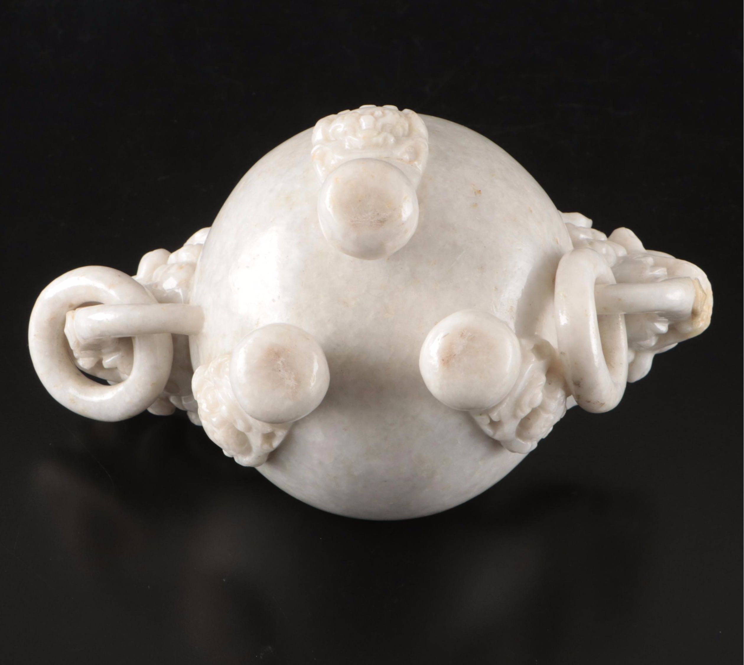 Chinese Carved Jadeite Elephant Drop-Handle Tripod Censer & Guardian Lion Finial