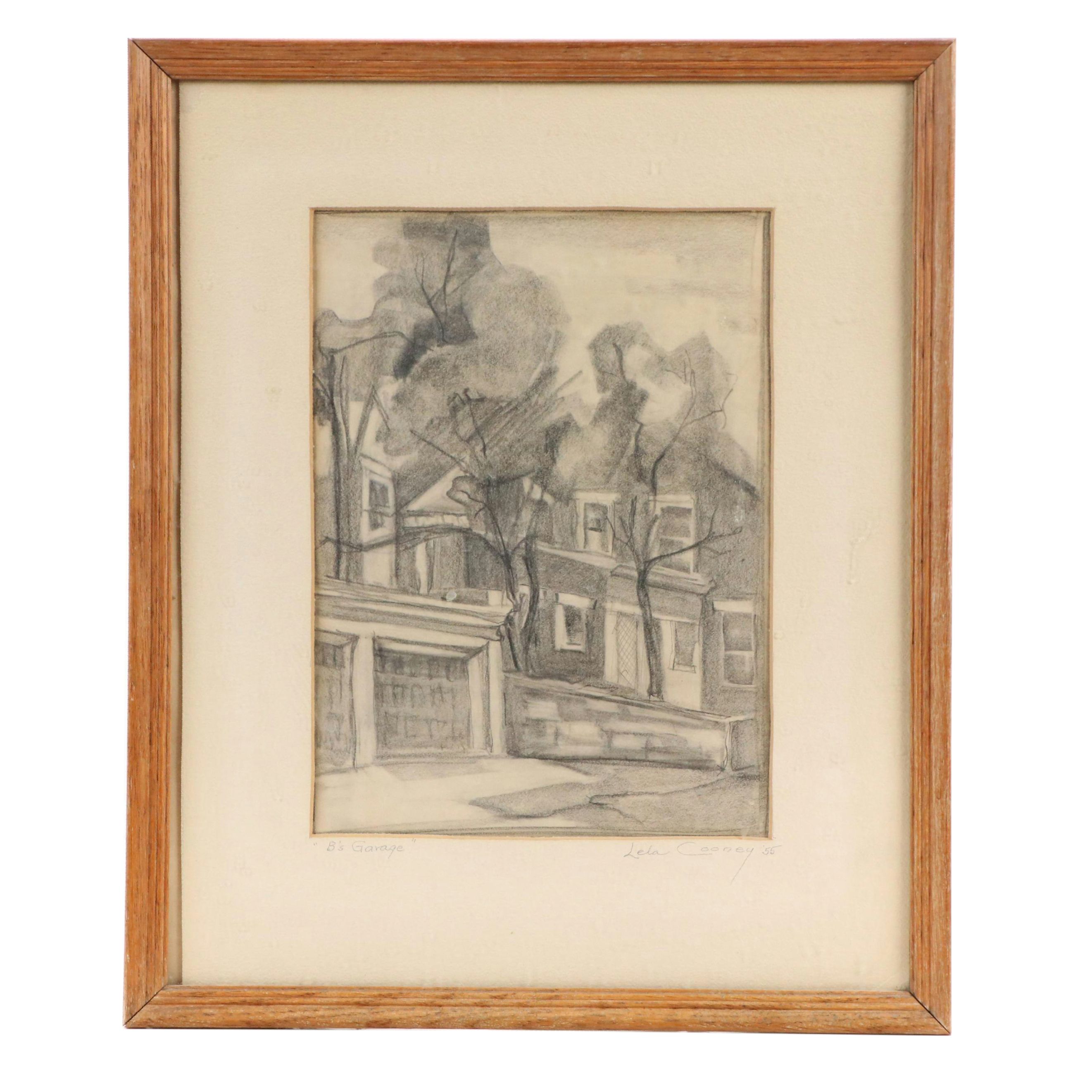 Lela Cooney Graphite Drawing "B's Garage," 1955
