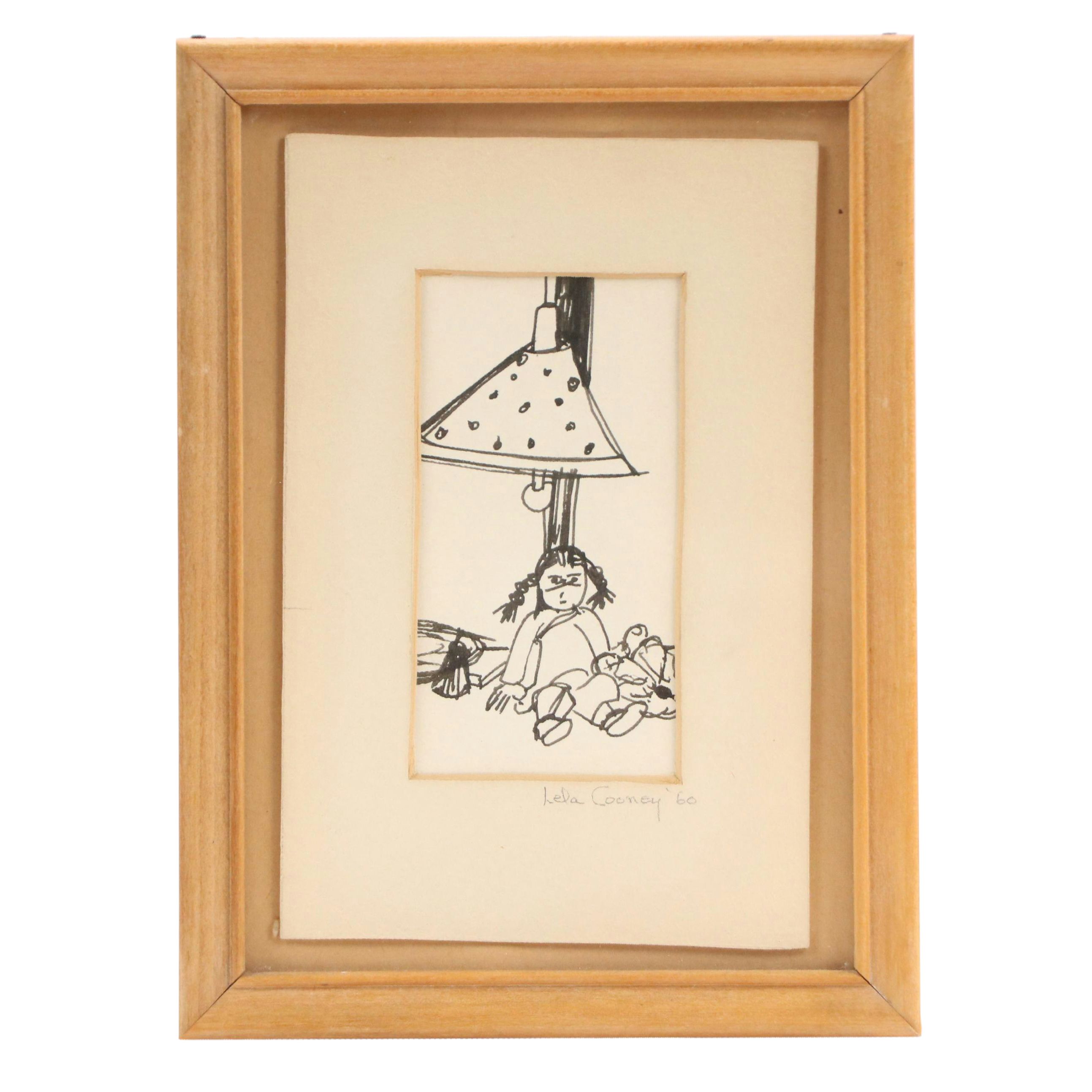 Lela Cooney Ink Drawing of Lamp and Doll, 1960