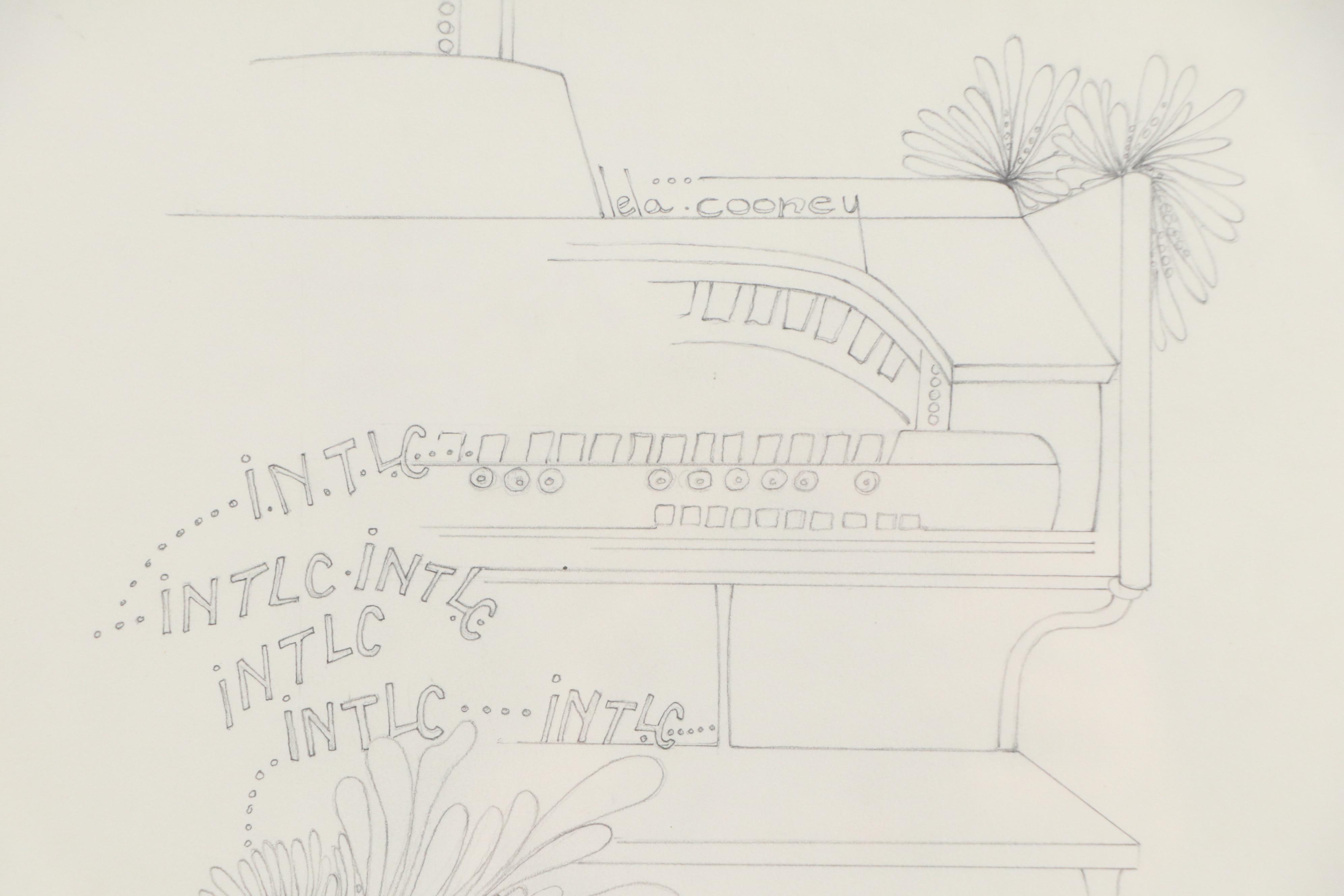 Lela Cooney Stylized Graphite Drawing with Piano Bench, 20th Century
