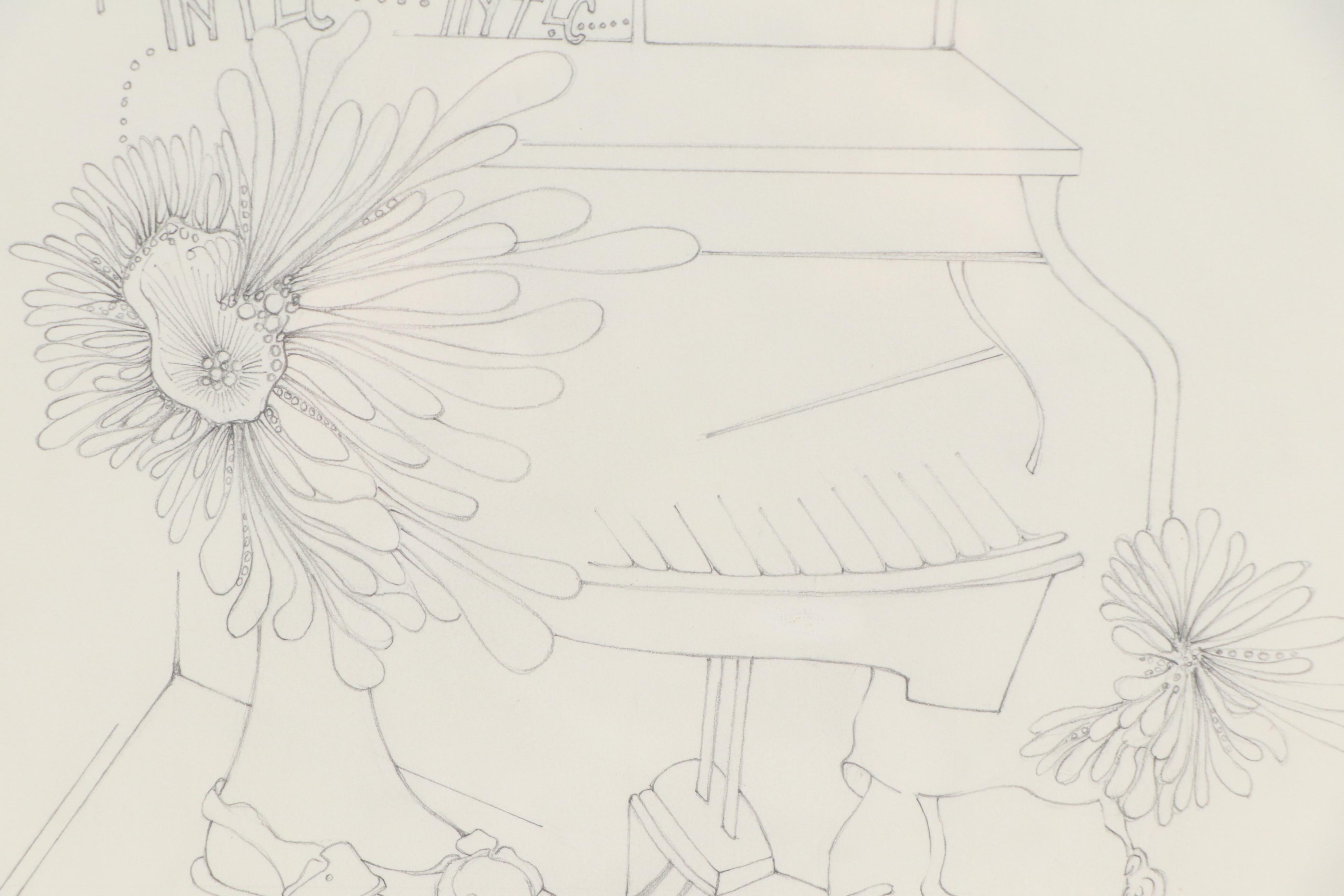 Lela Cooney Stylized Graphite Drawing with Piano Bench, 20th Century