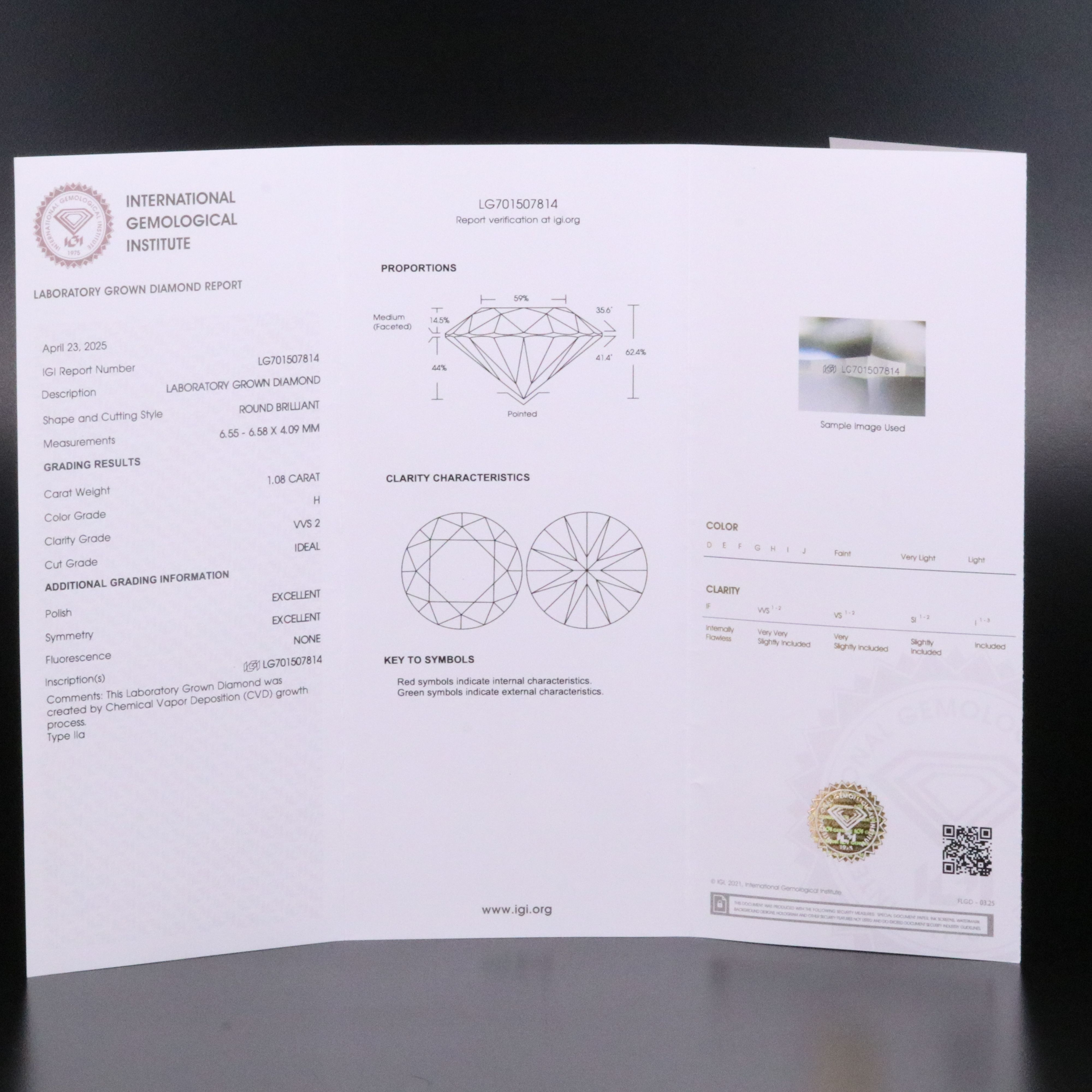 Loose 1.08 CT Lab Grown Diamond with IGI Report