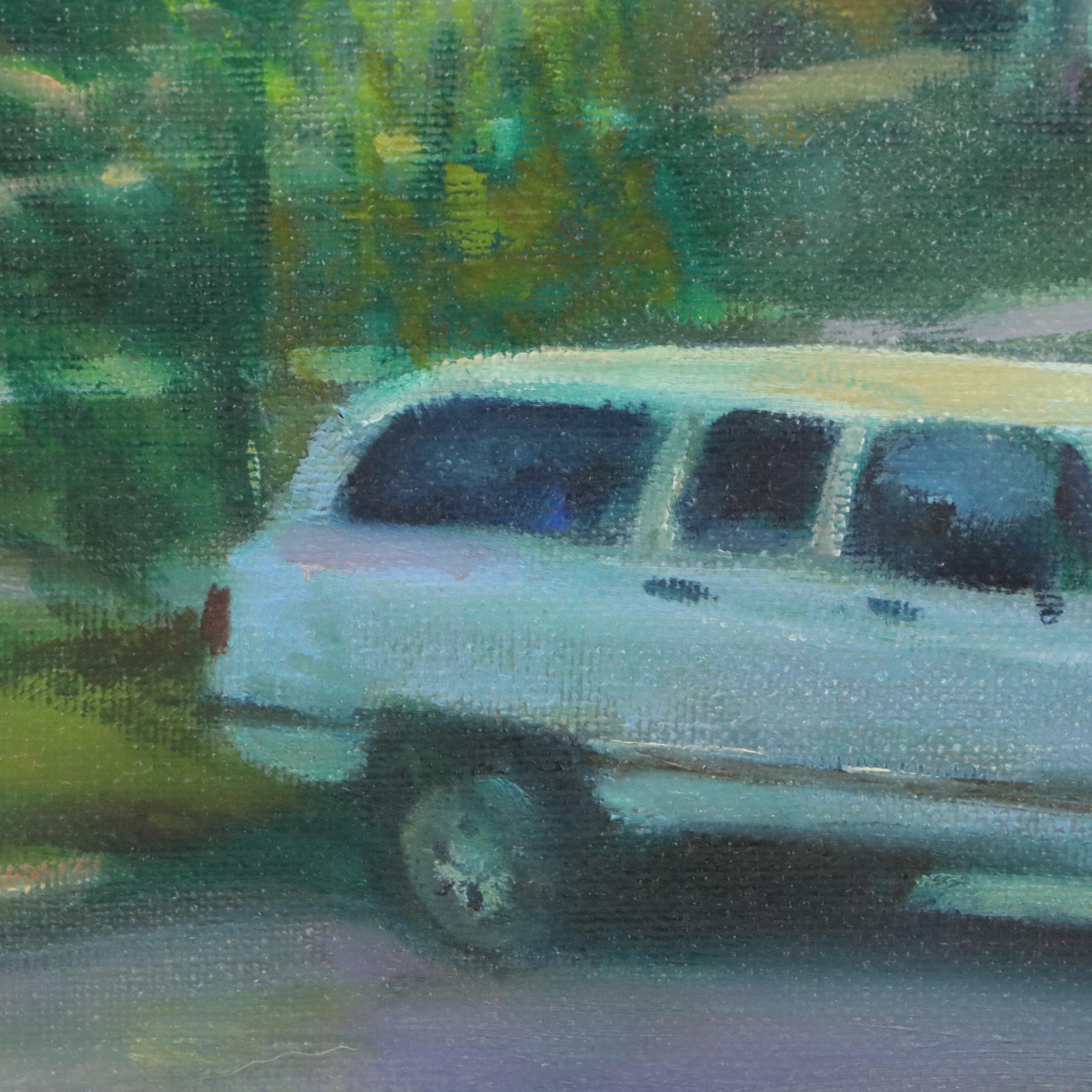Greg Storer Street Scene Oil Painting "The Suburban," 1992
