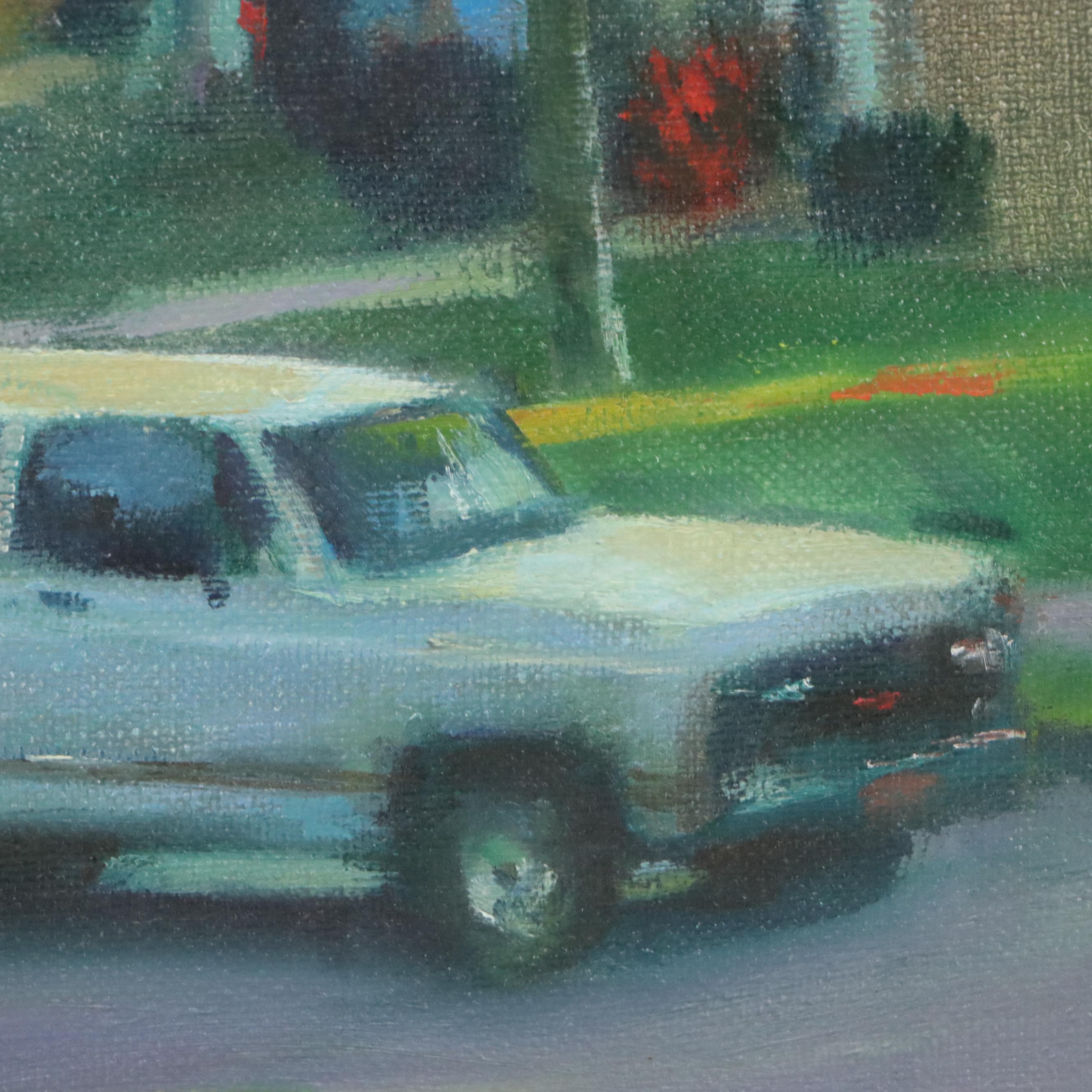 Greg Storer Street Scene Oil Painting "The Suburban," 1992