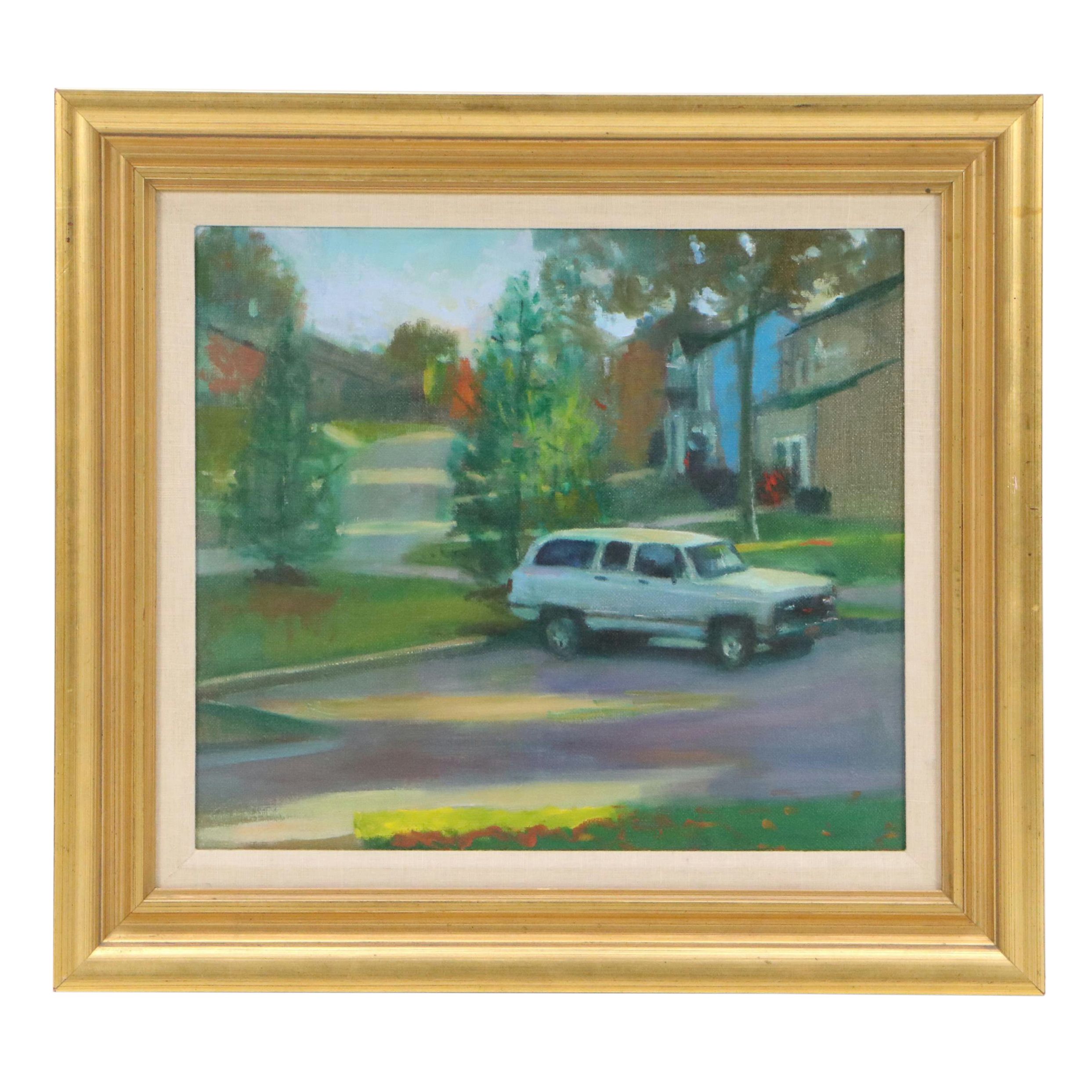 Greg Storer Street Scene Oil Painting "The Suburban," 1992