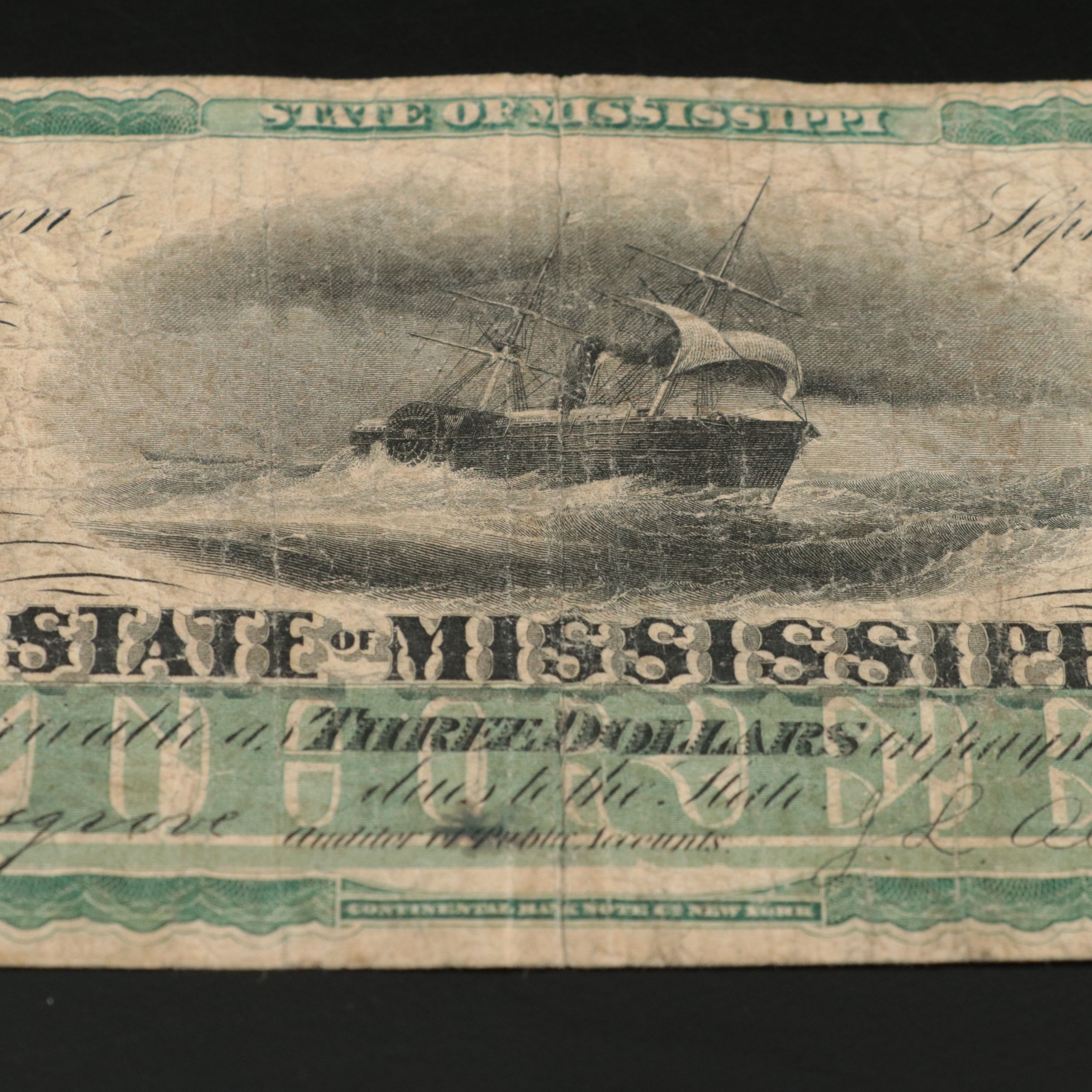 1870 Mississippi Three Dollar Obsolete Bank Note