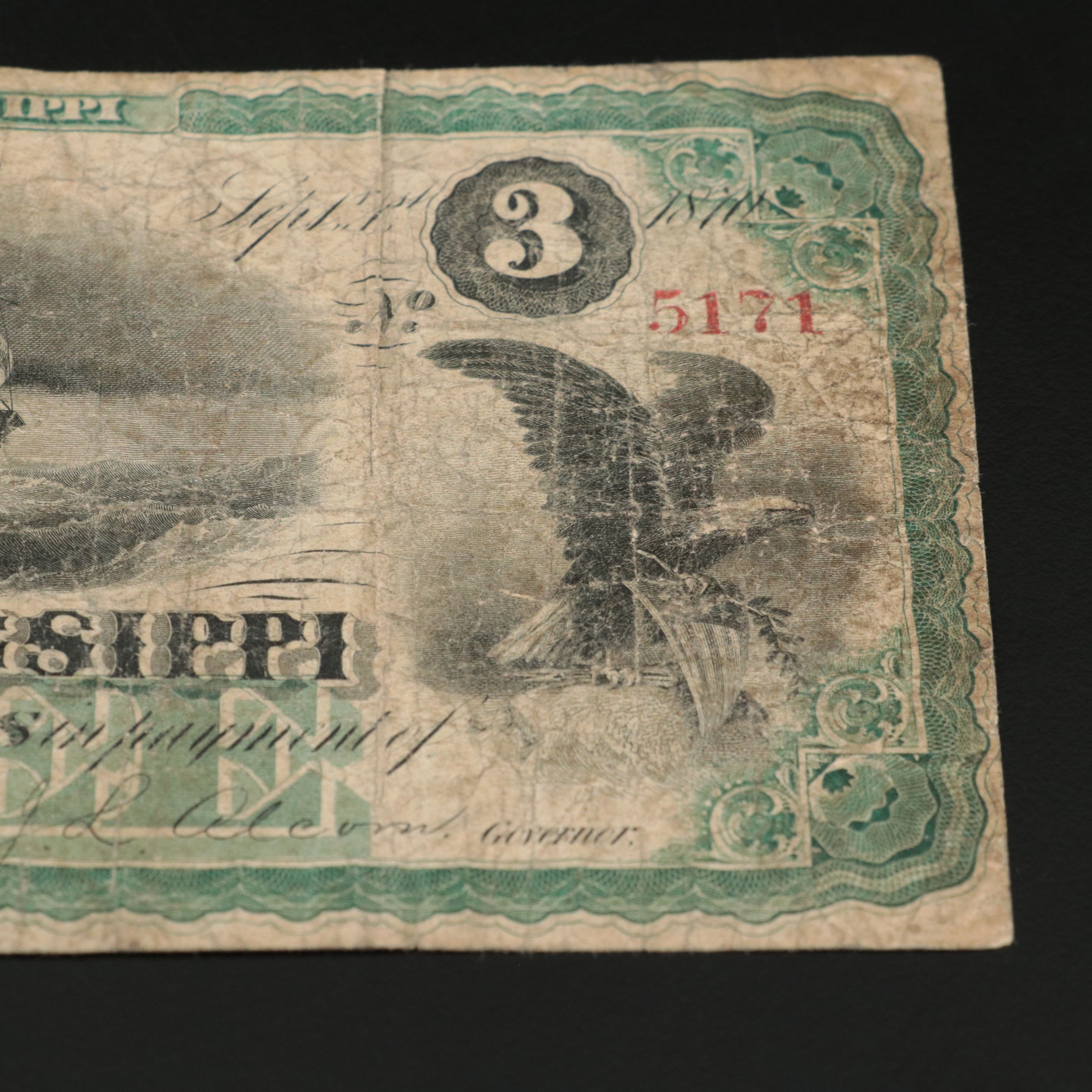 1870 Mississippi Three Dollar Obsolete Bank Note