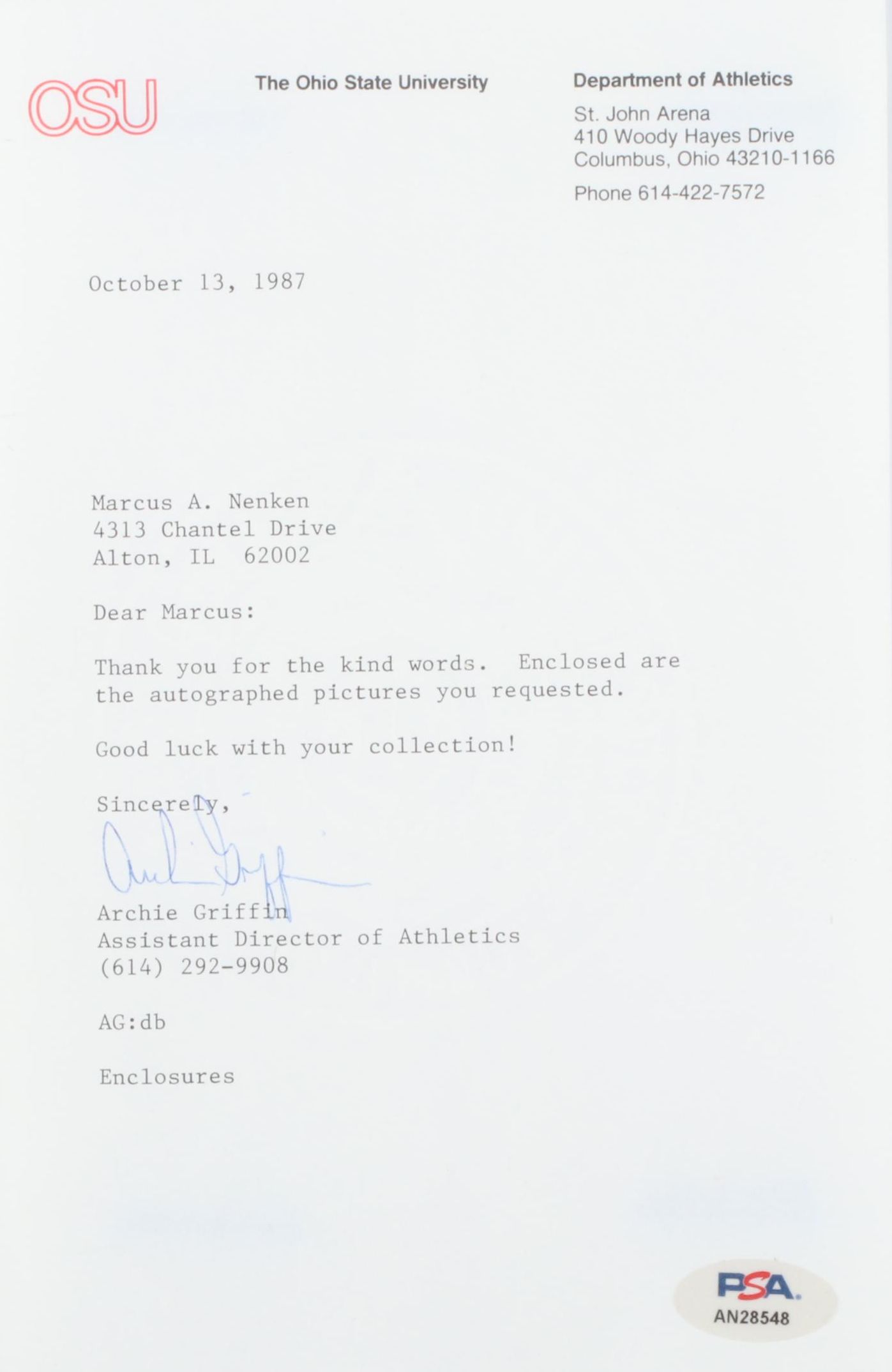 Archie Griffin Signed Ohio State University Letter, PSA