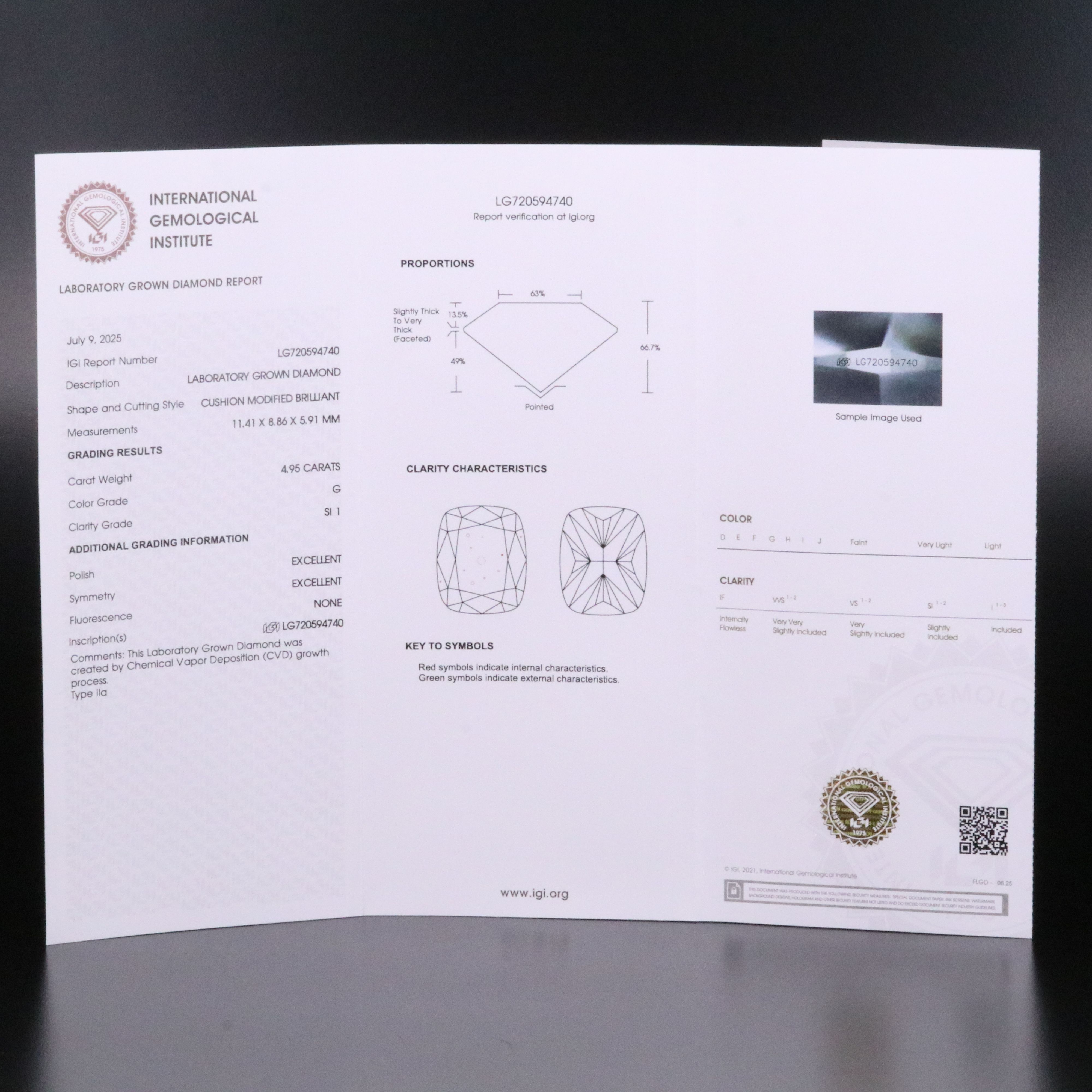 Loose 4.95 CT Lab Grown Diamond with IGI Report