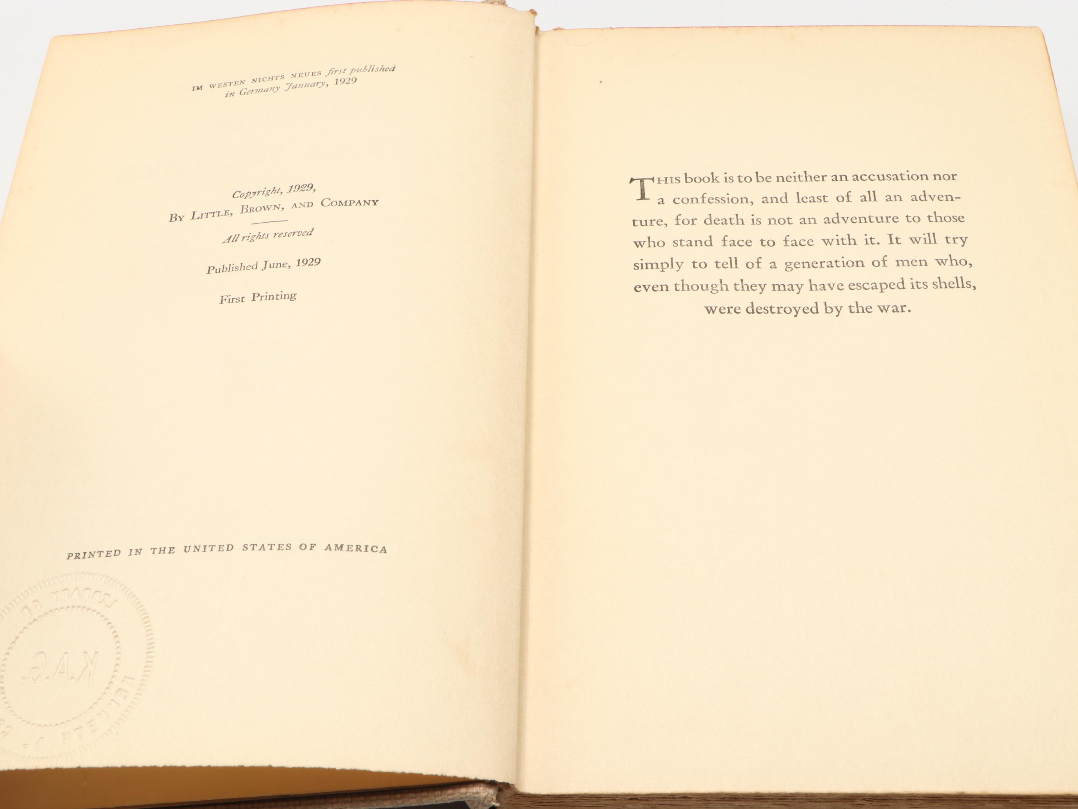 First American Printing "All Quiet on the Western Front" by Erich Maria Remarque