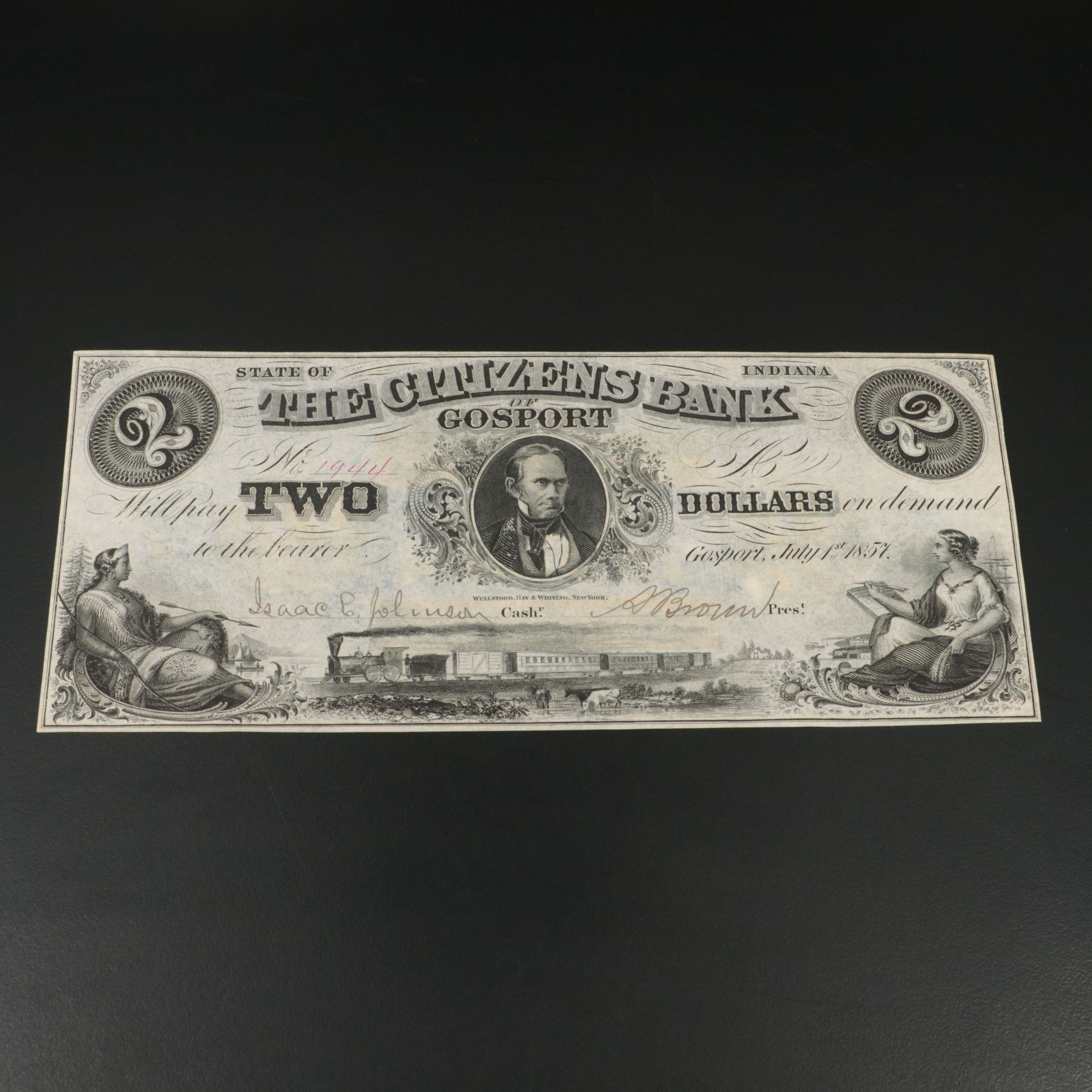 1857 Two Dollar Obsolete Bank Note From the State of Indiana