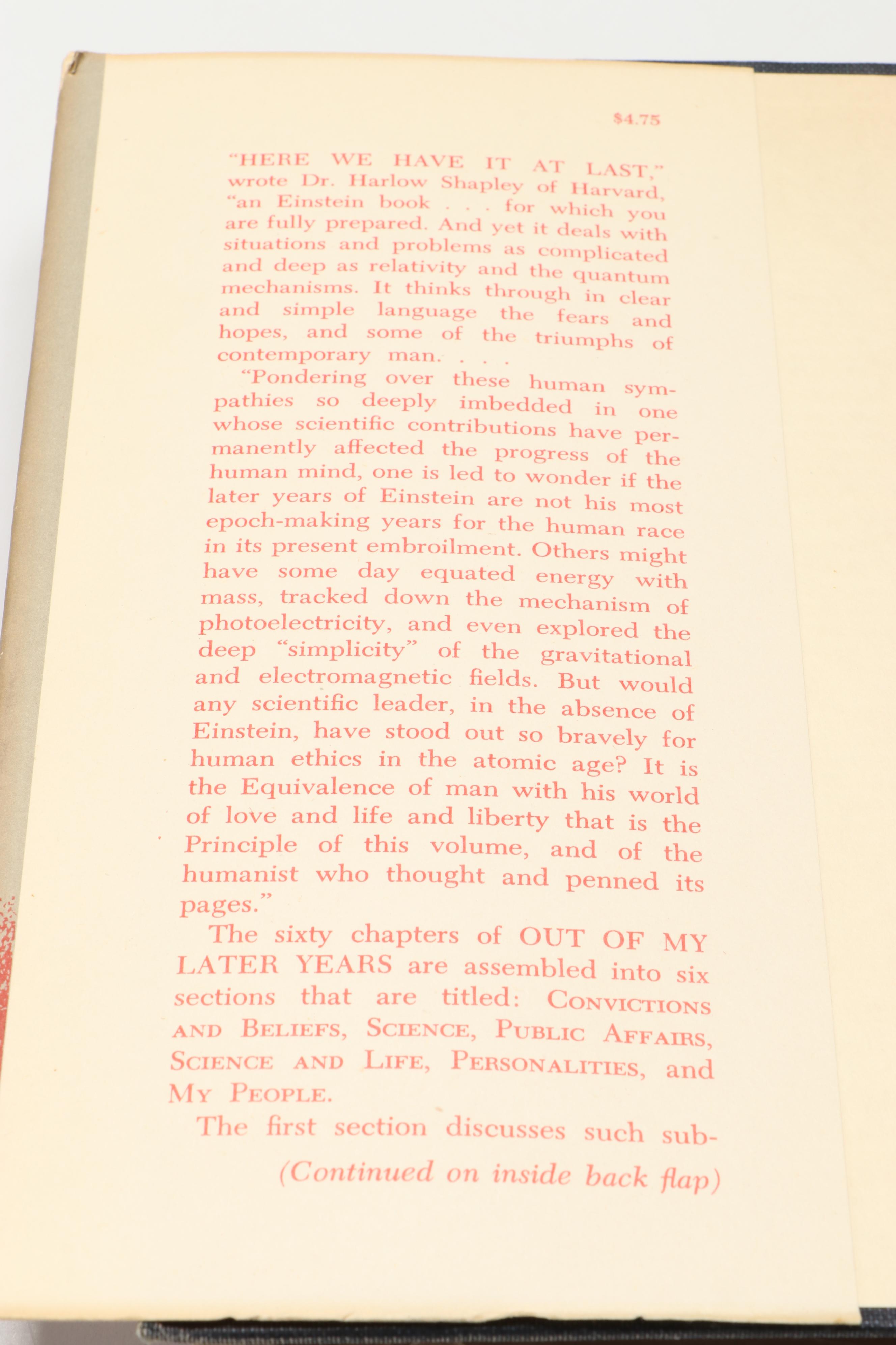First Edition "Out of My Later Years" by Albert Einstein, 1950