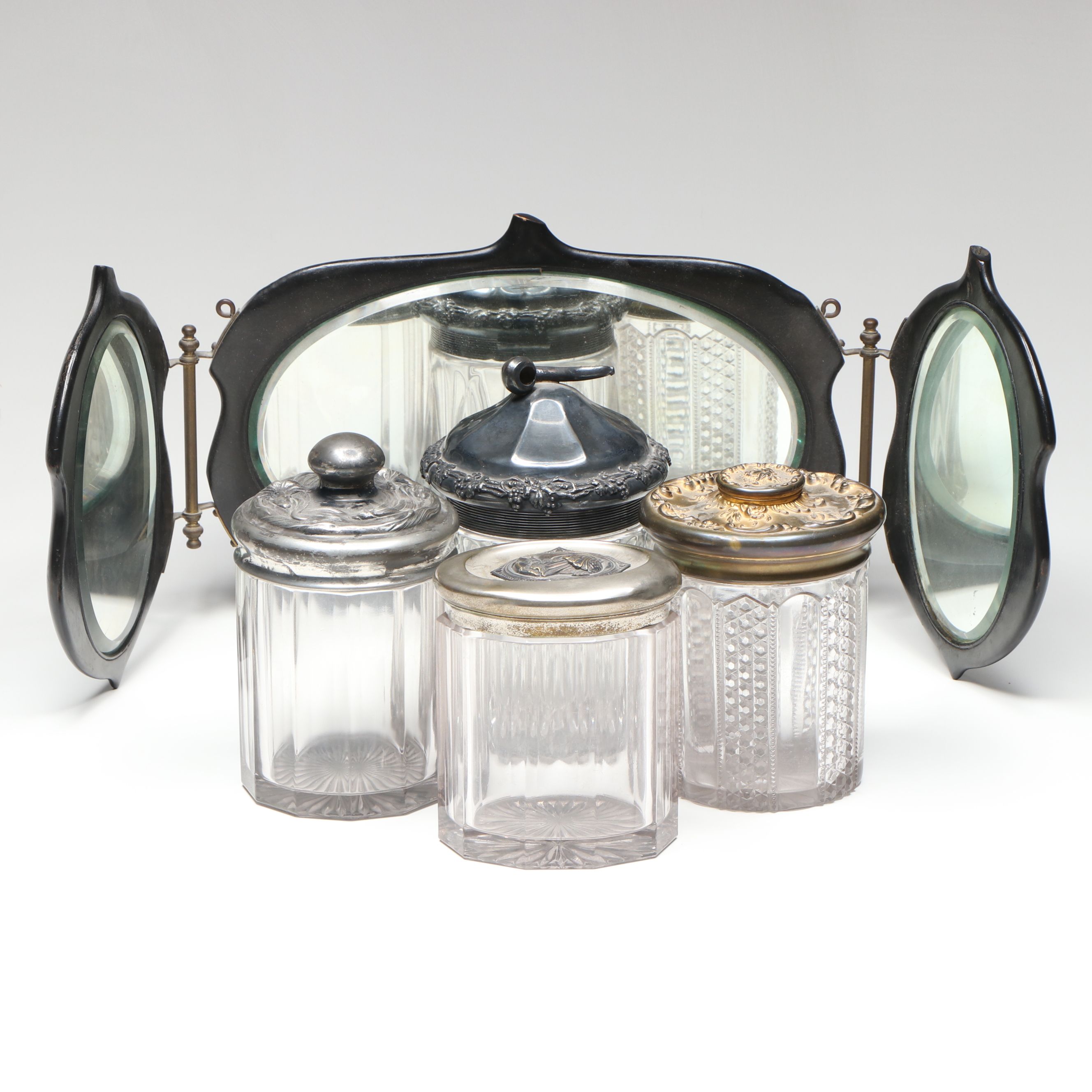 Victorian Egyptian Revival and Art Nouveau Humidors with Wooden Triptych Mirror