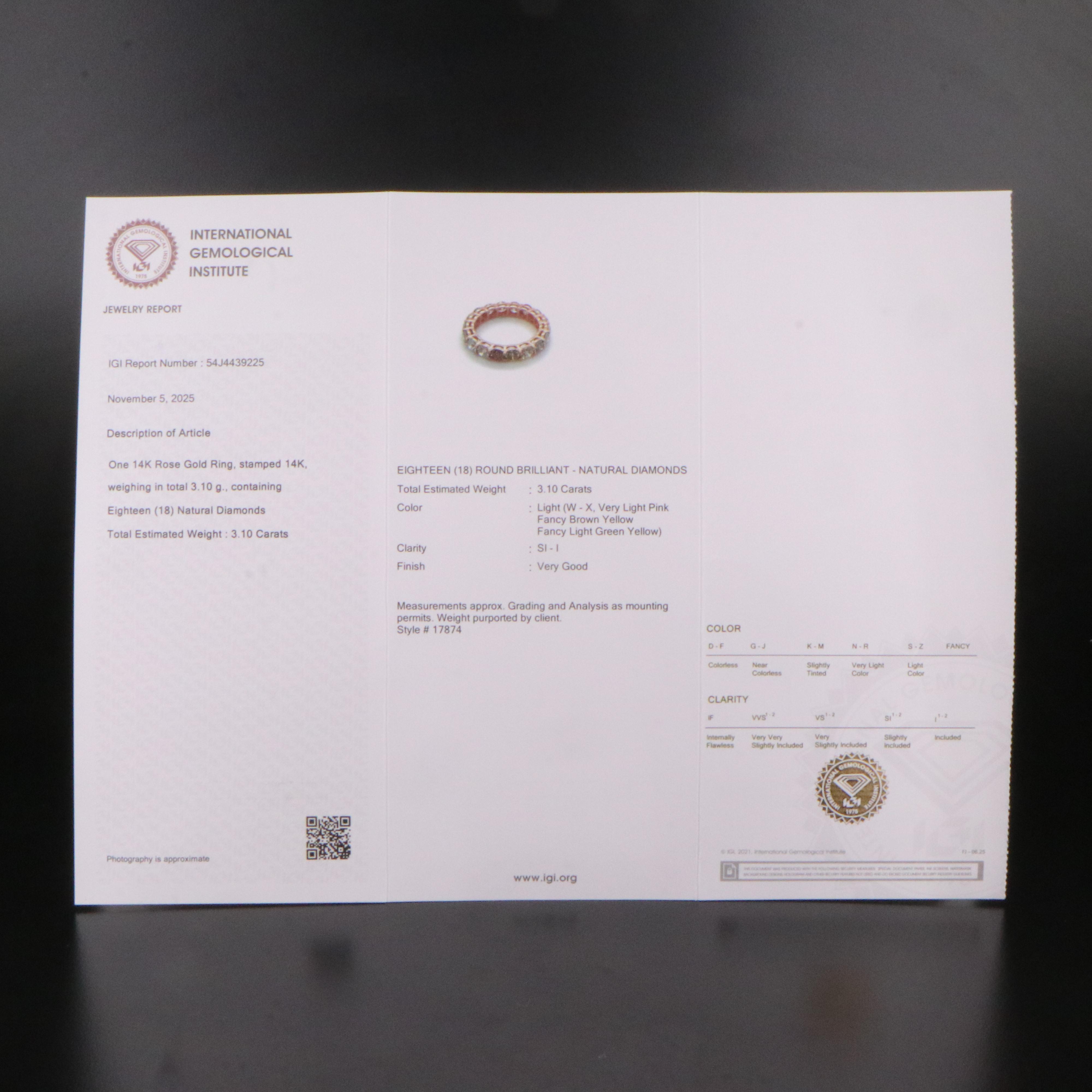 14K Rose Gold 3.10 CTW Diamond Eternity Band with IGI Jewelry Report