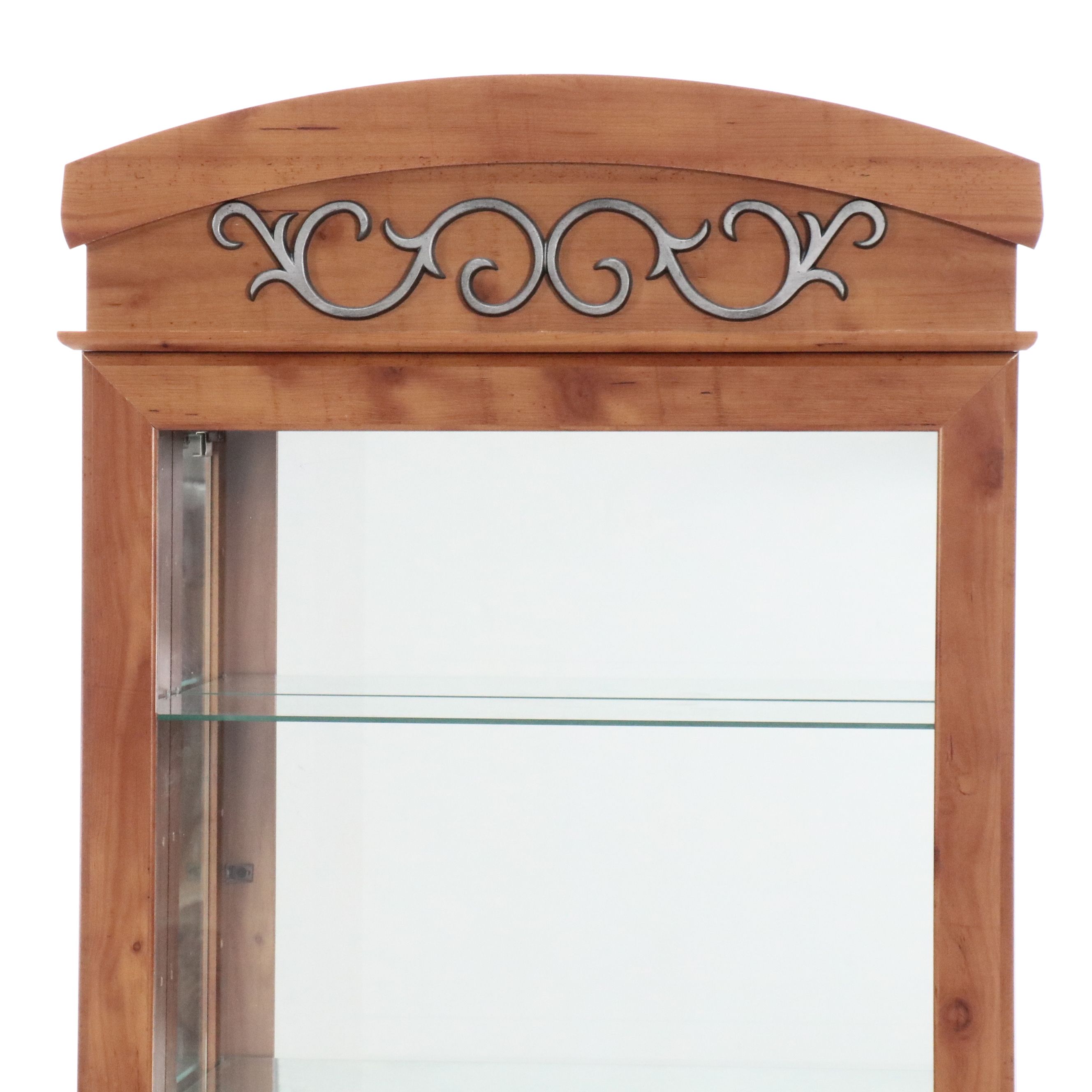Illuminated Pine Curio Cabinet with Scrolled Metal Accent