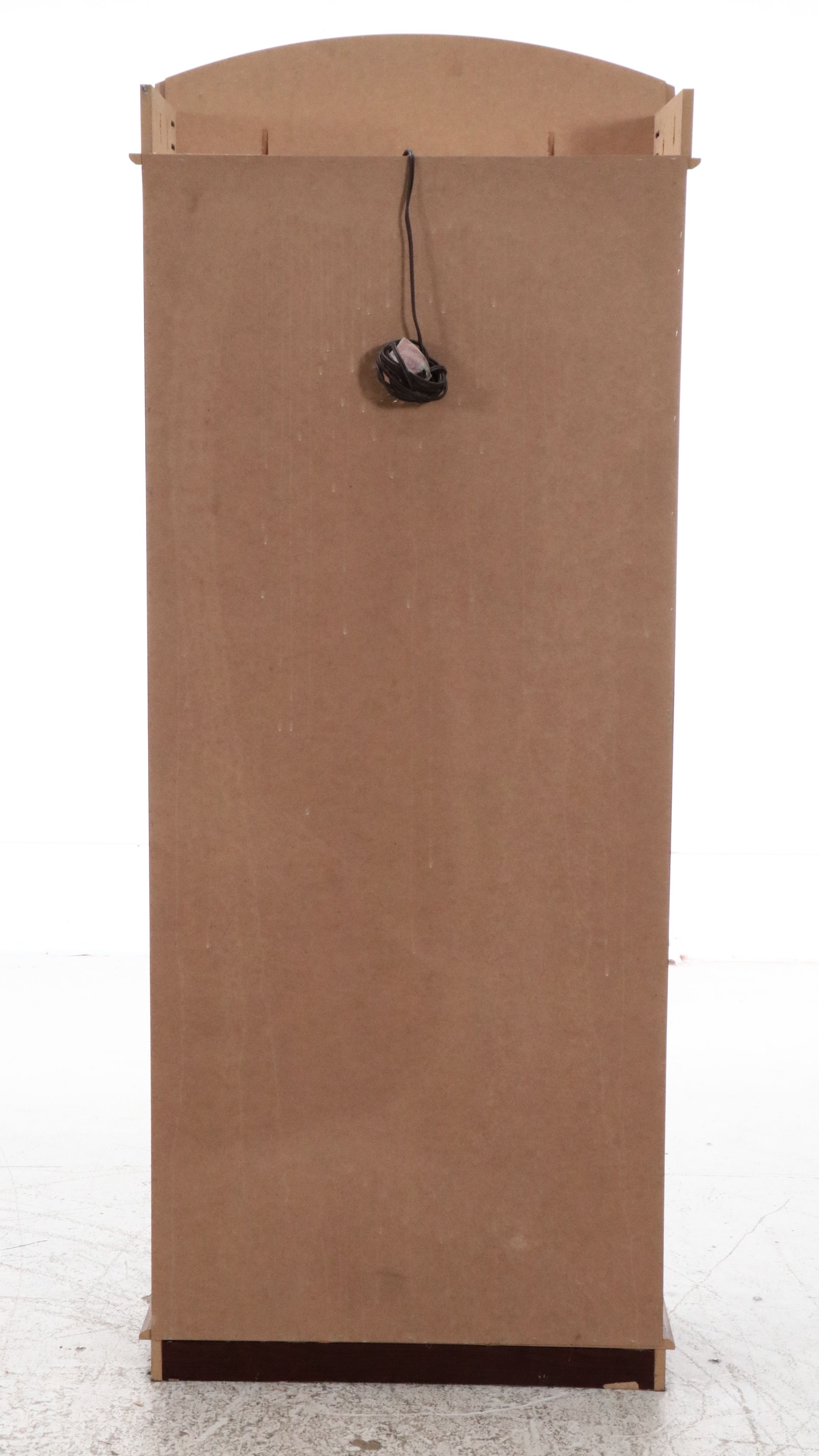 Illuminated Pine Curio Cabinet with Scrolled Metal Accent