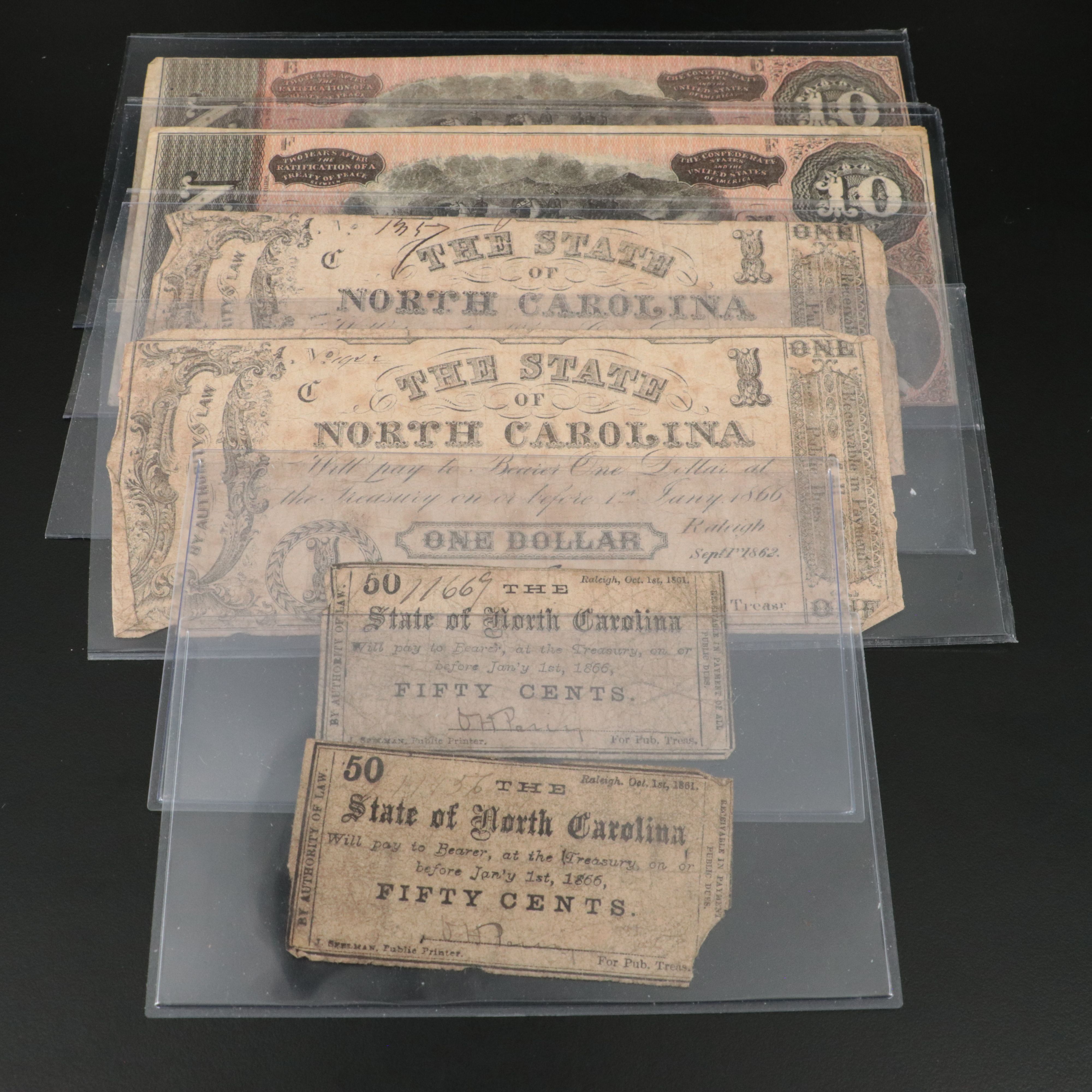 Six Confederate and 1860's Era Obsolete Currency Notes