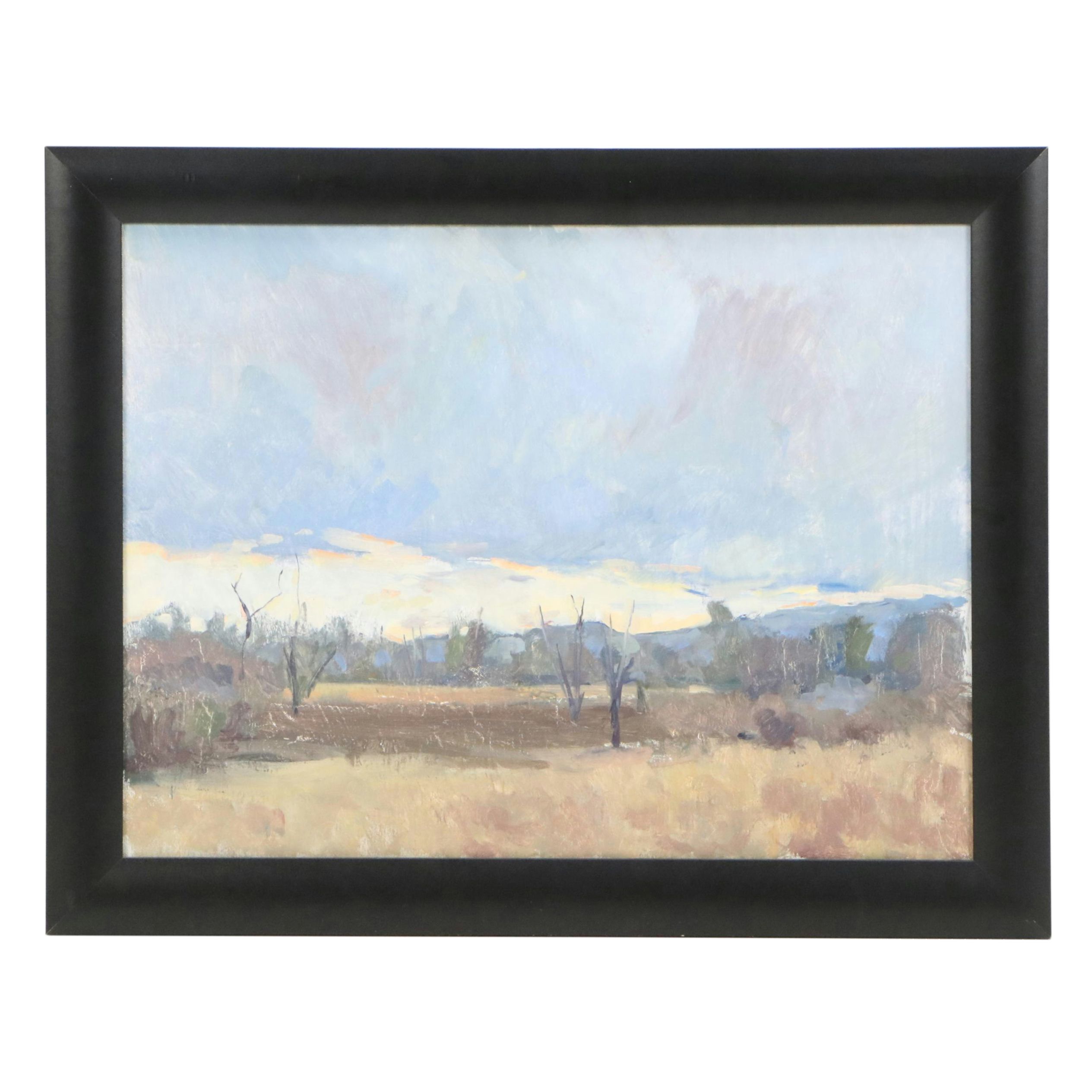 Nate Flanagan Landscape Oil Painting with Sparse Trees "Dramatic Sky"