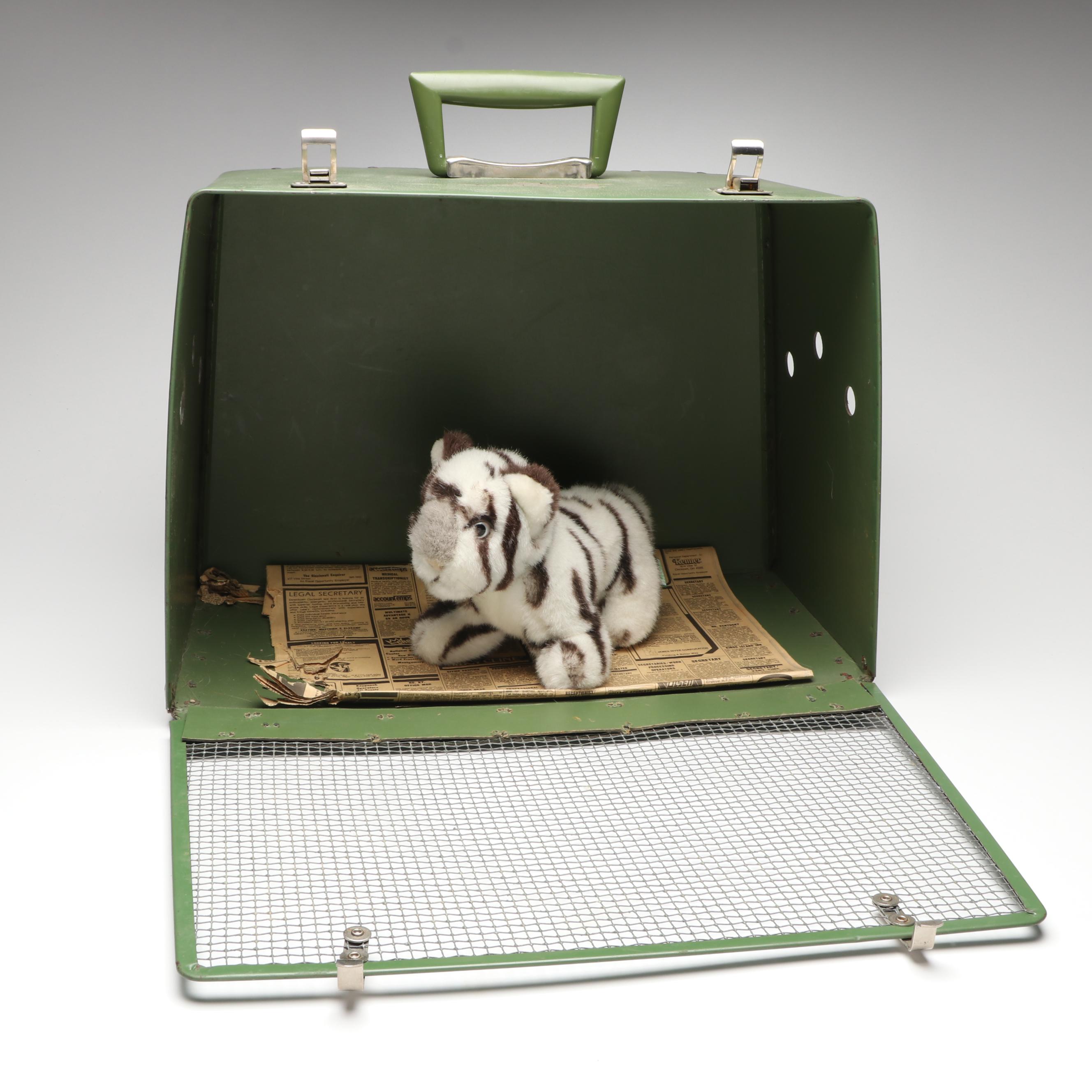 ALCO Mid Century Modern Green Cat Carrier with White Tiger Plush Toy, 1950s