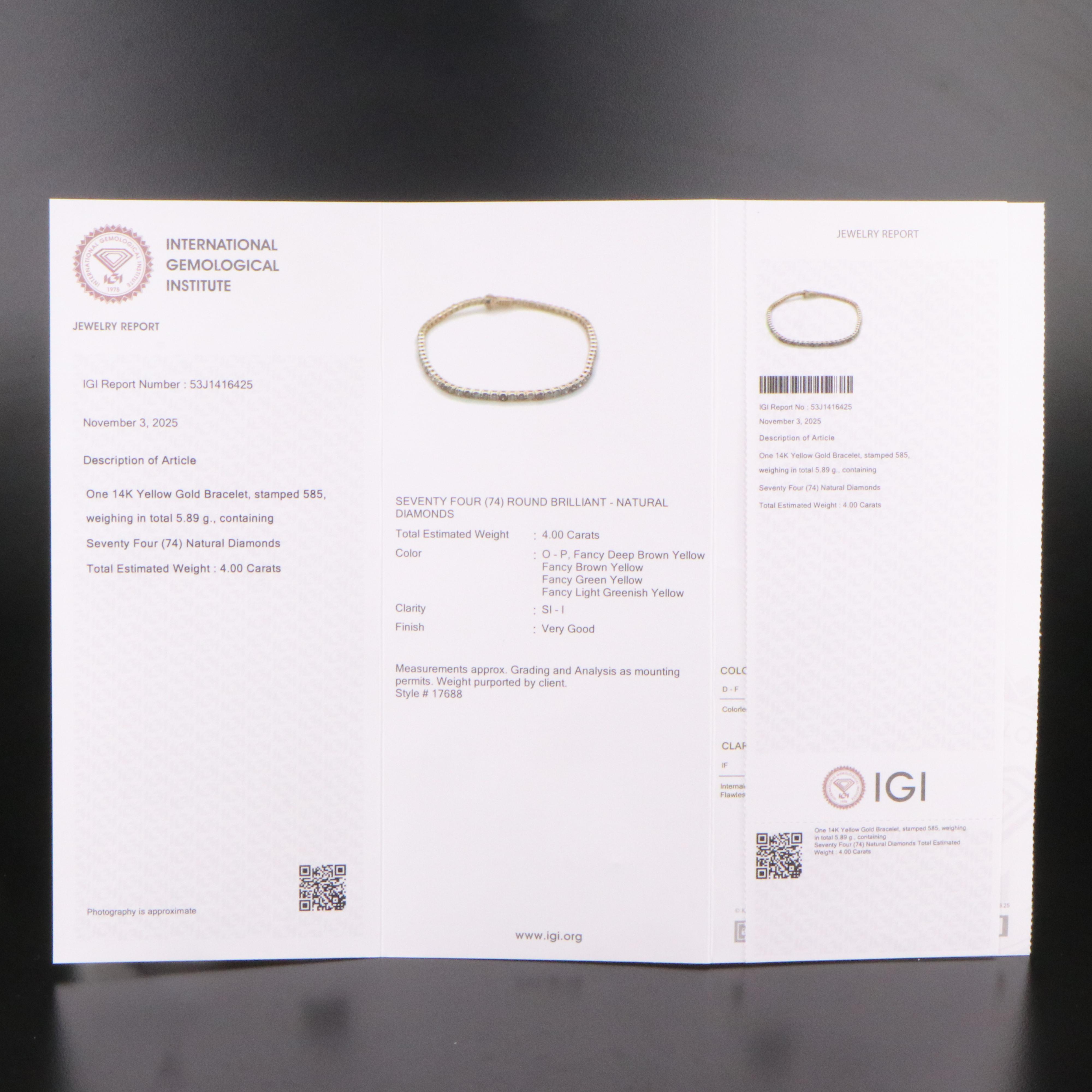 14K 4.00 CTW Diamond Line Bracelet with IGI Jewelry Report