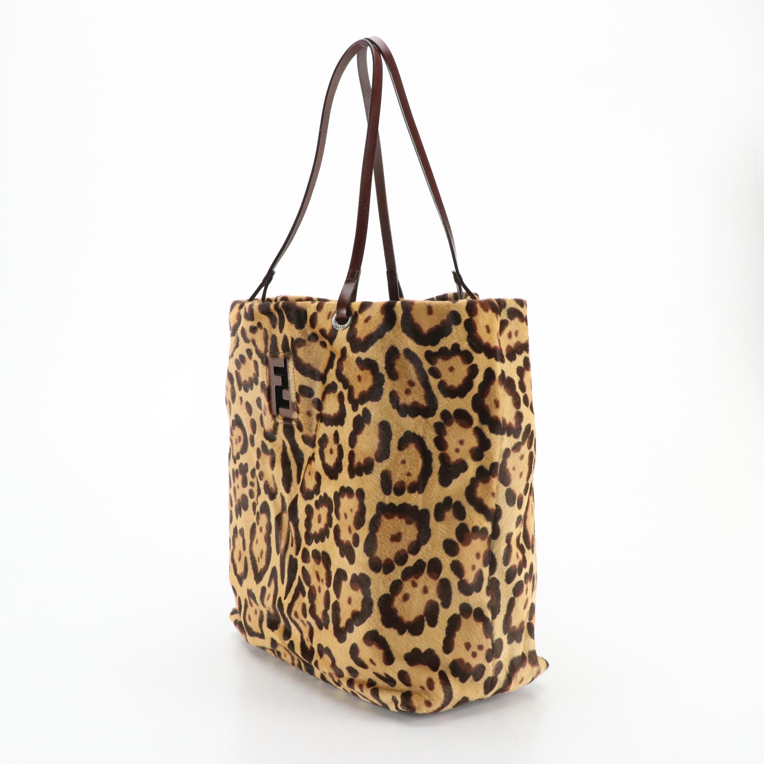 Fendi FF Cutout Leopard Print Pony Hair Tote with Brown Leather Trim