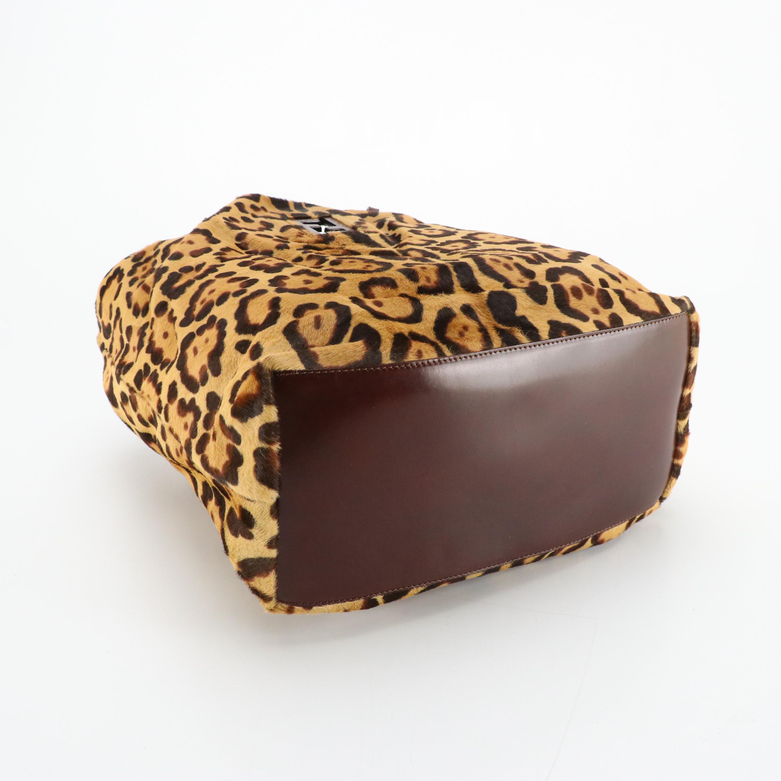 Fendi FF Cutout Leopard Print Pony Hair Tote with Brown Leather Trim