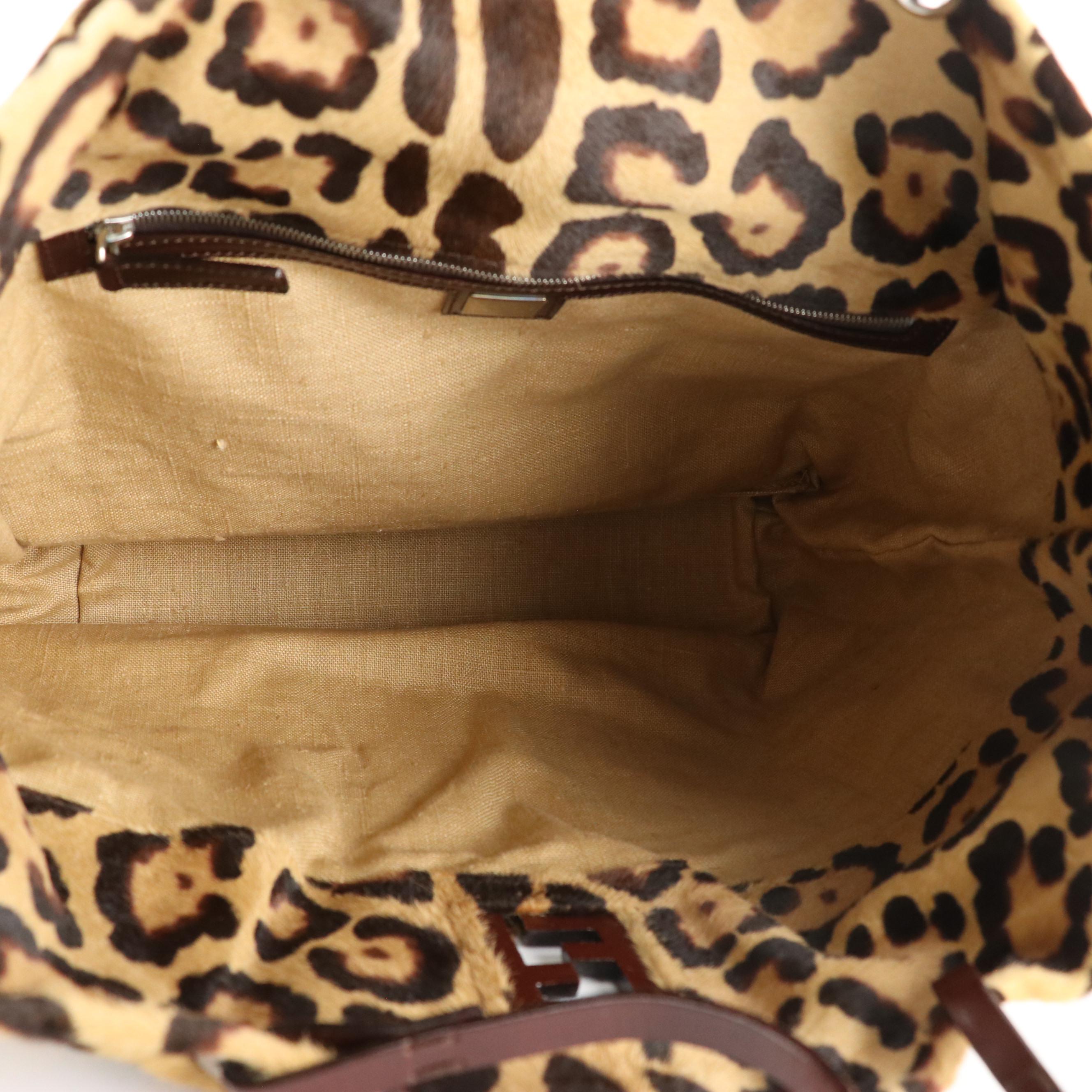 Fendi FF Cutout Leopard Print Pony Hair Tote with Brown Leather Trim