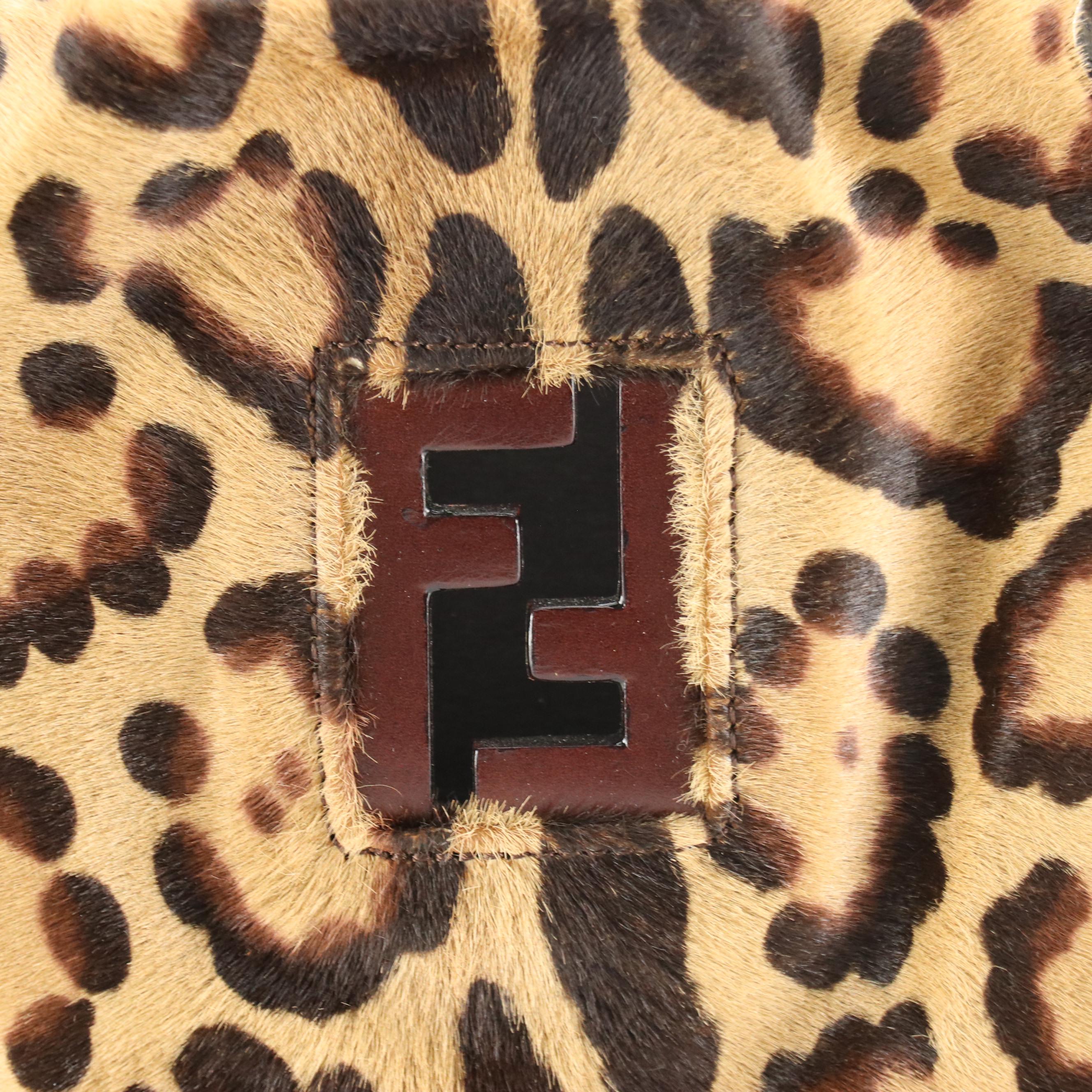 Fendi FF Cutout Leopard Print Pony Hair Tote with Brown Leather Trim