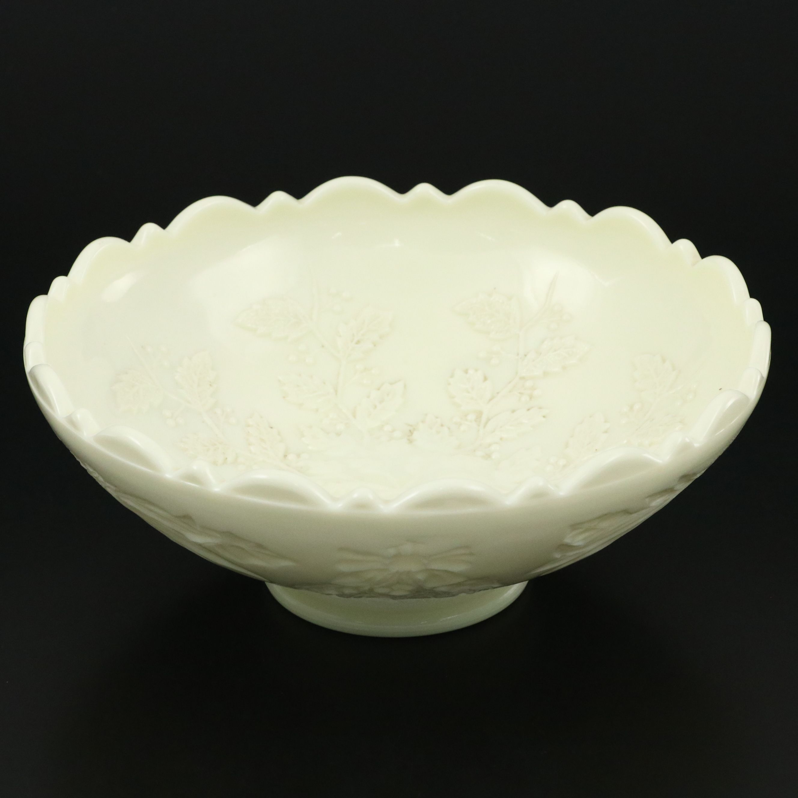 L.G. Wright "Poinsettia and Holly" Pressed Custard Glass Bowl