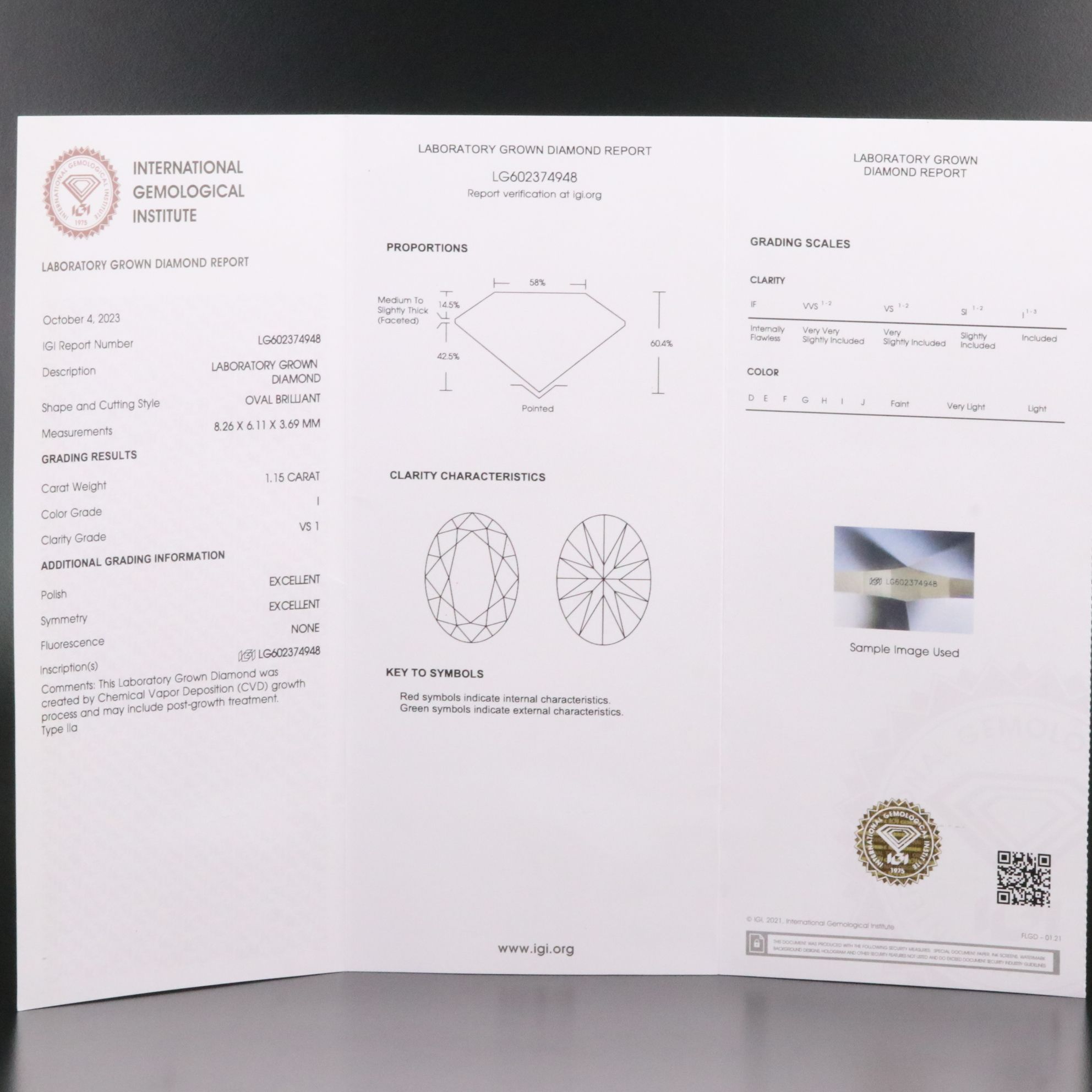 Loose 1.15 CT Lab Grown Diamond with IGI Report