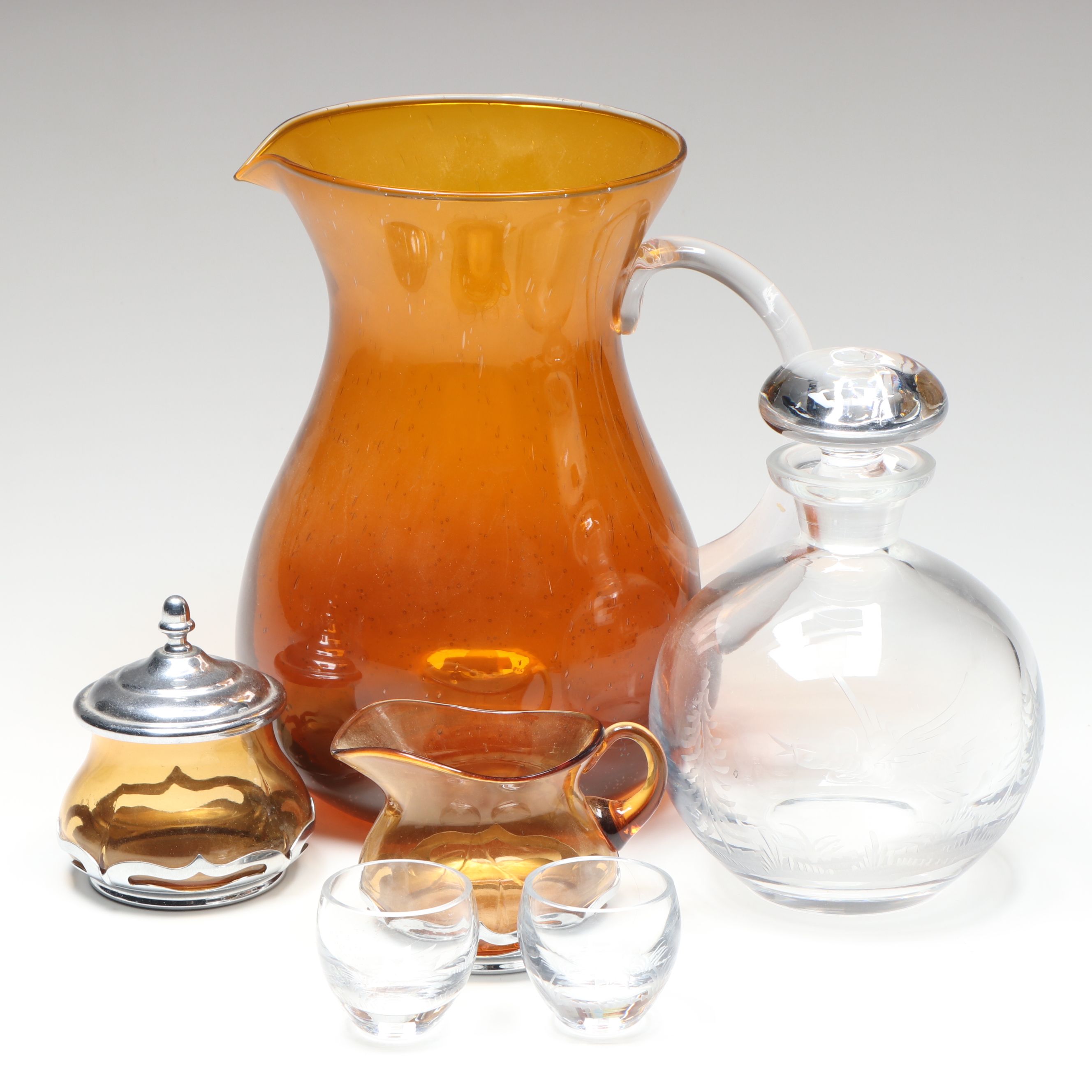Farber Bros. Amber Glass Creamer and Sugar with Other Pitcher and Glassware