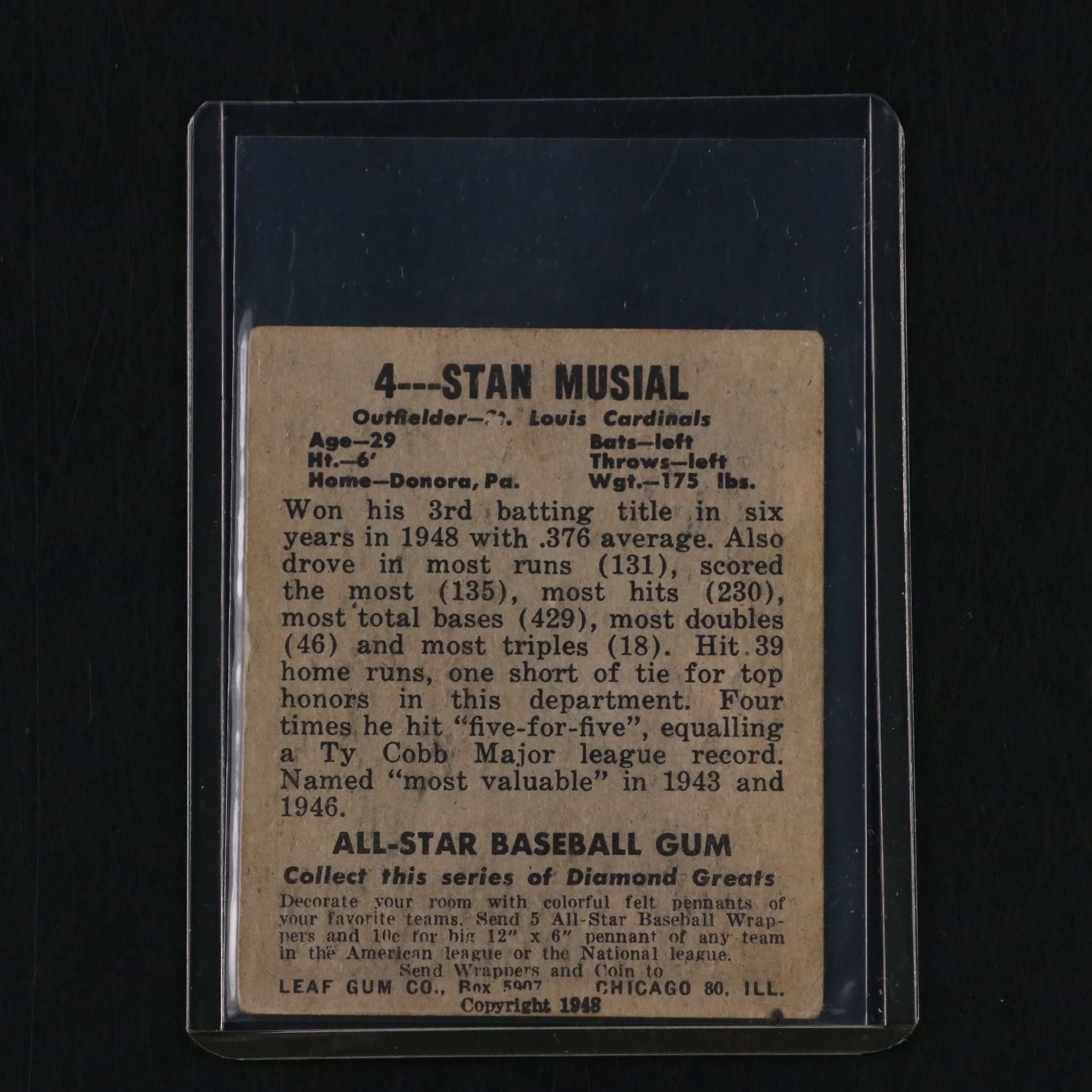 1948 Leaf Stan Musial St. Louis Cardinals Rookie Baseball Card