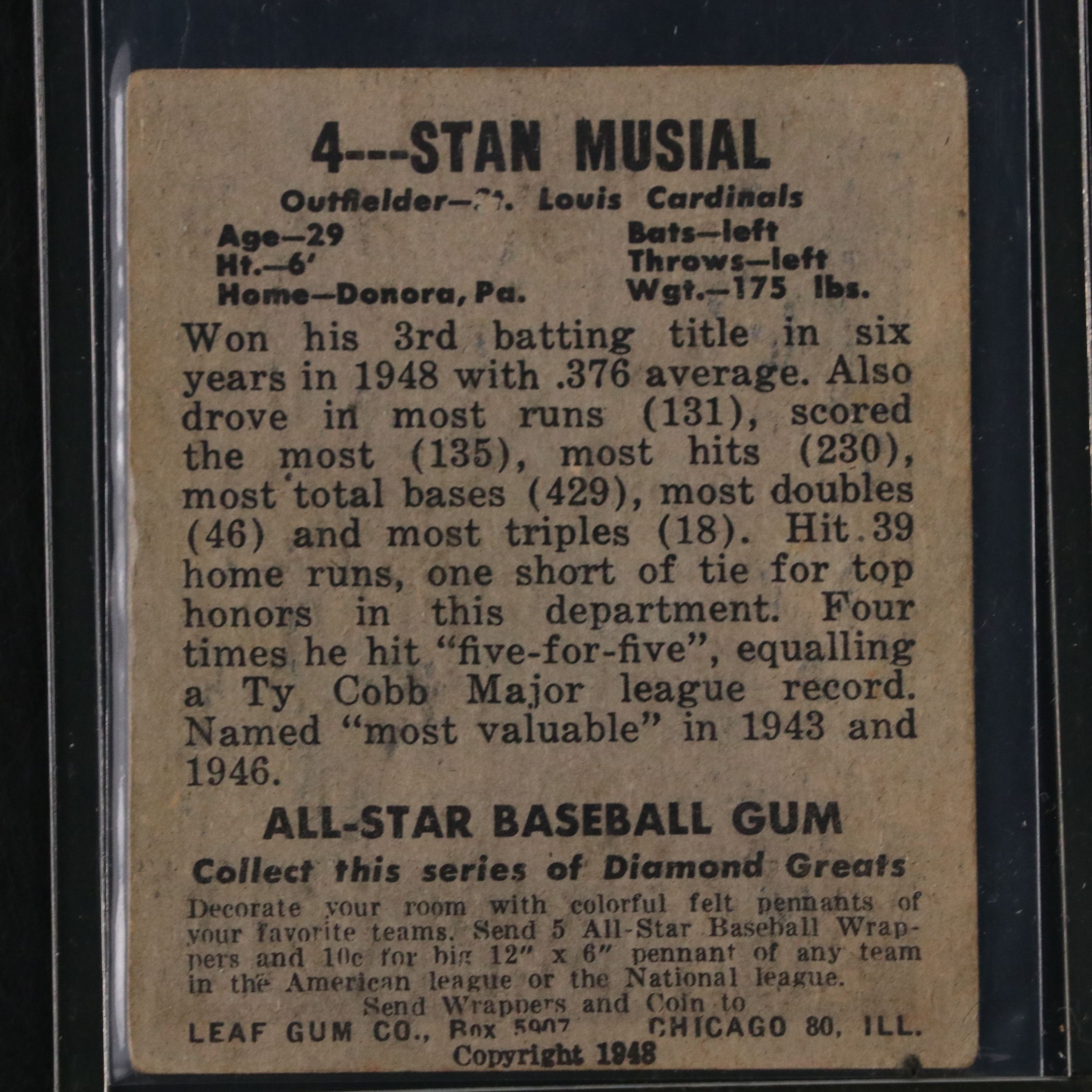 1948 Leaf Stan Musial St. Louis Cardinals Rookie Baseball Card