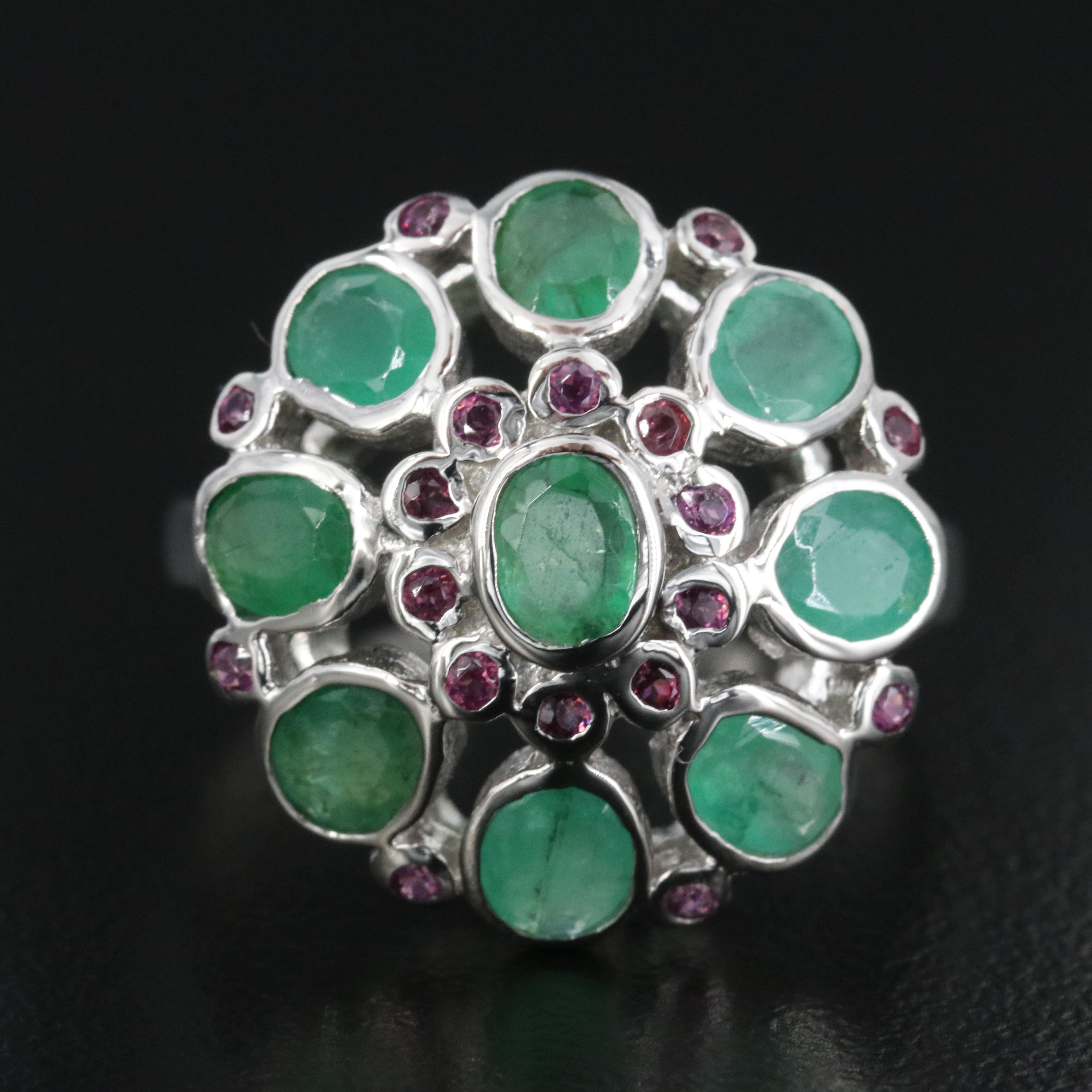 Sterling Emerald and Rhodolite Garnet Floral Ring