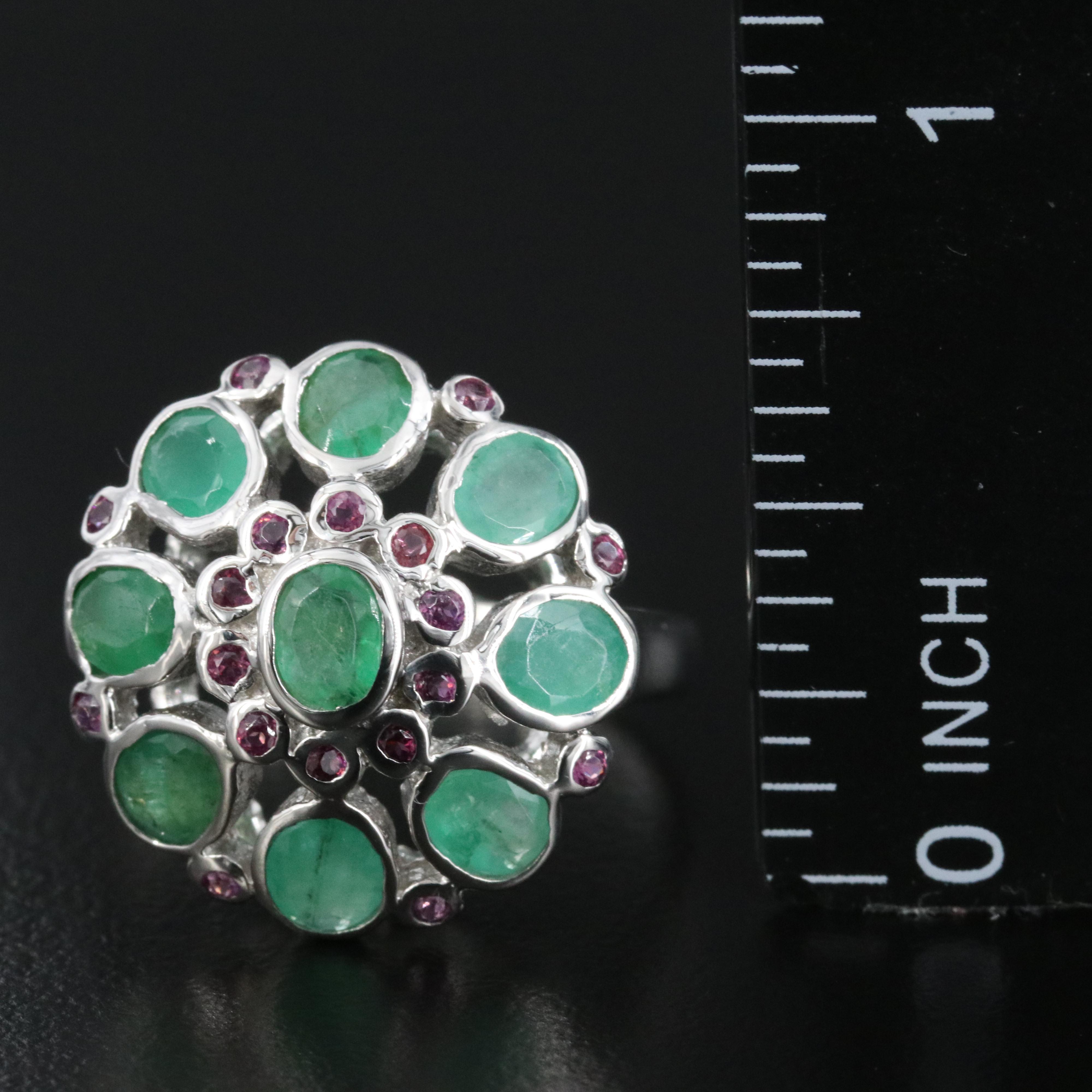 Sterling Emerald and Rhodolite Garnet Floral Ring