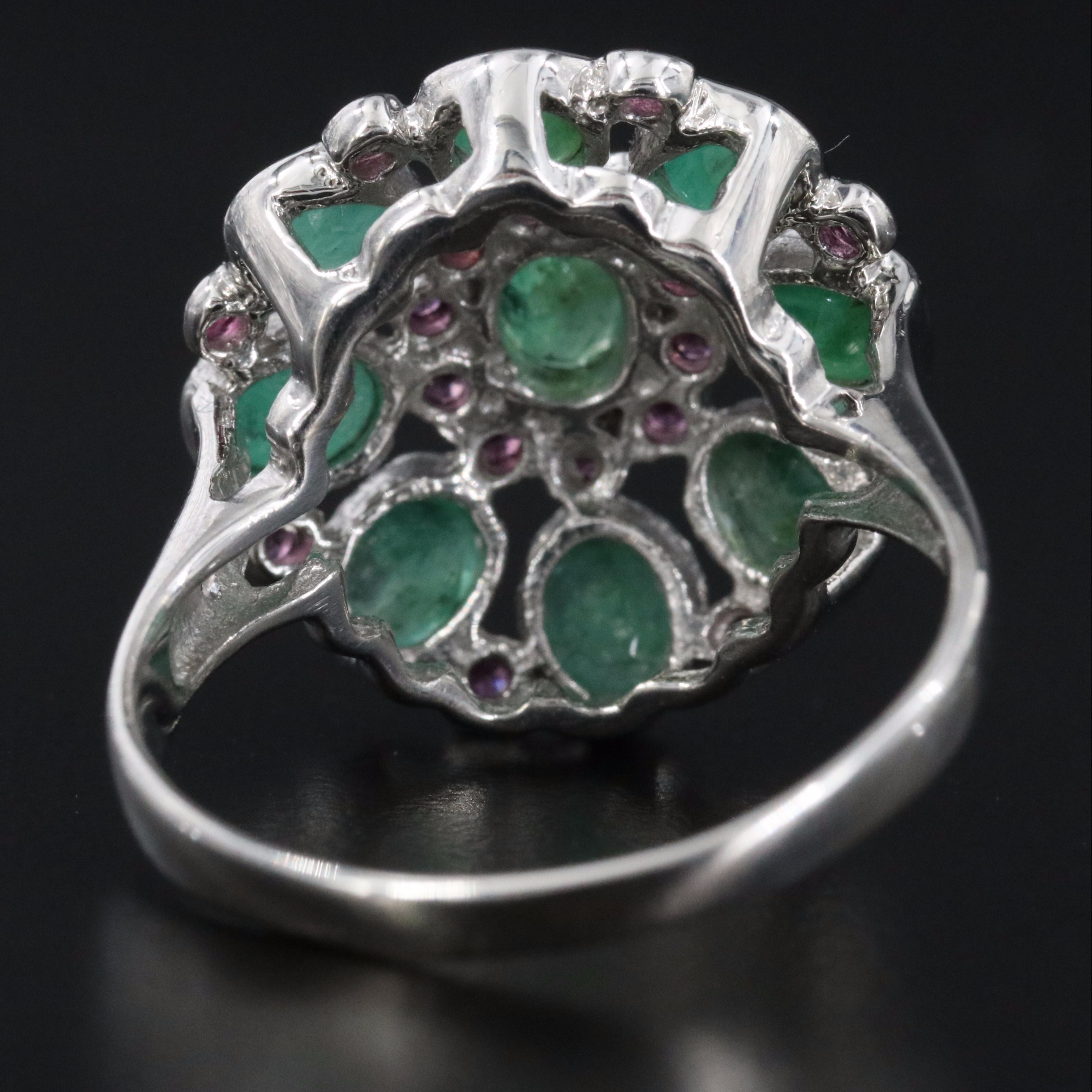 Sterling Emerald and Rhodolite Garnet Floral Ring