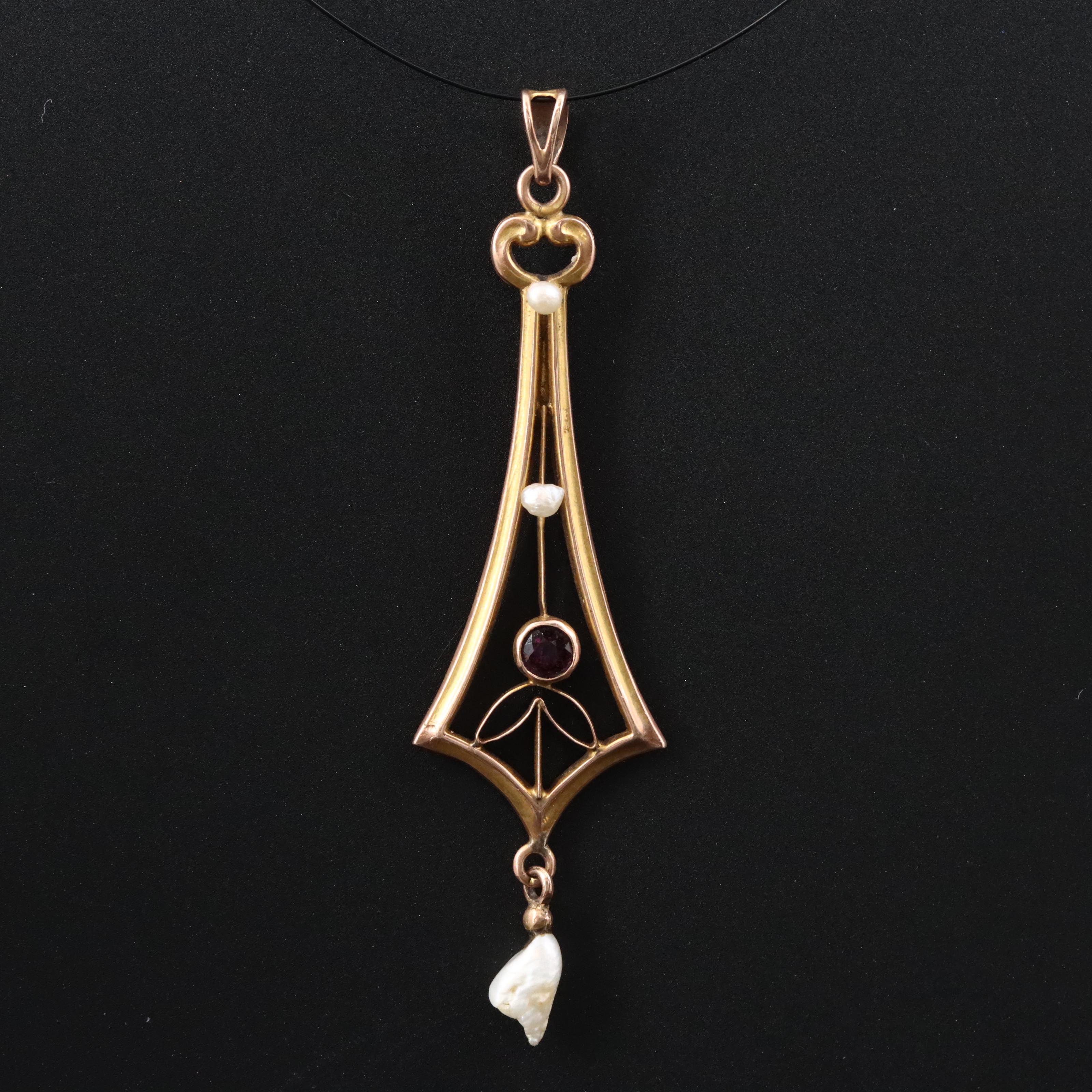 Antique 10K Garnet Glass Doublet and Dog Tooth Pearl Lavalier Pendant